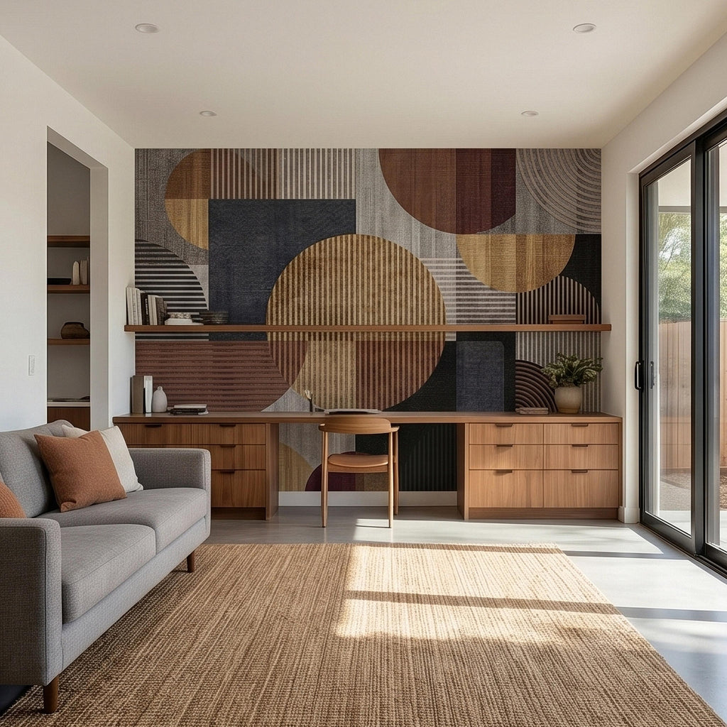Neutral Geometric Circles Peel and Stick Wall Mural Mid Century Modern Abstract Stripes and Shapes Textured Retro Pattern Minimal Wallpaper