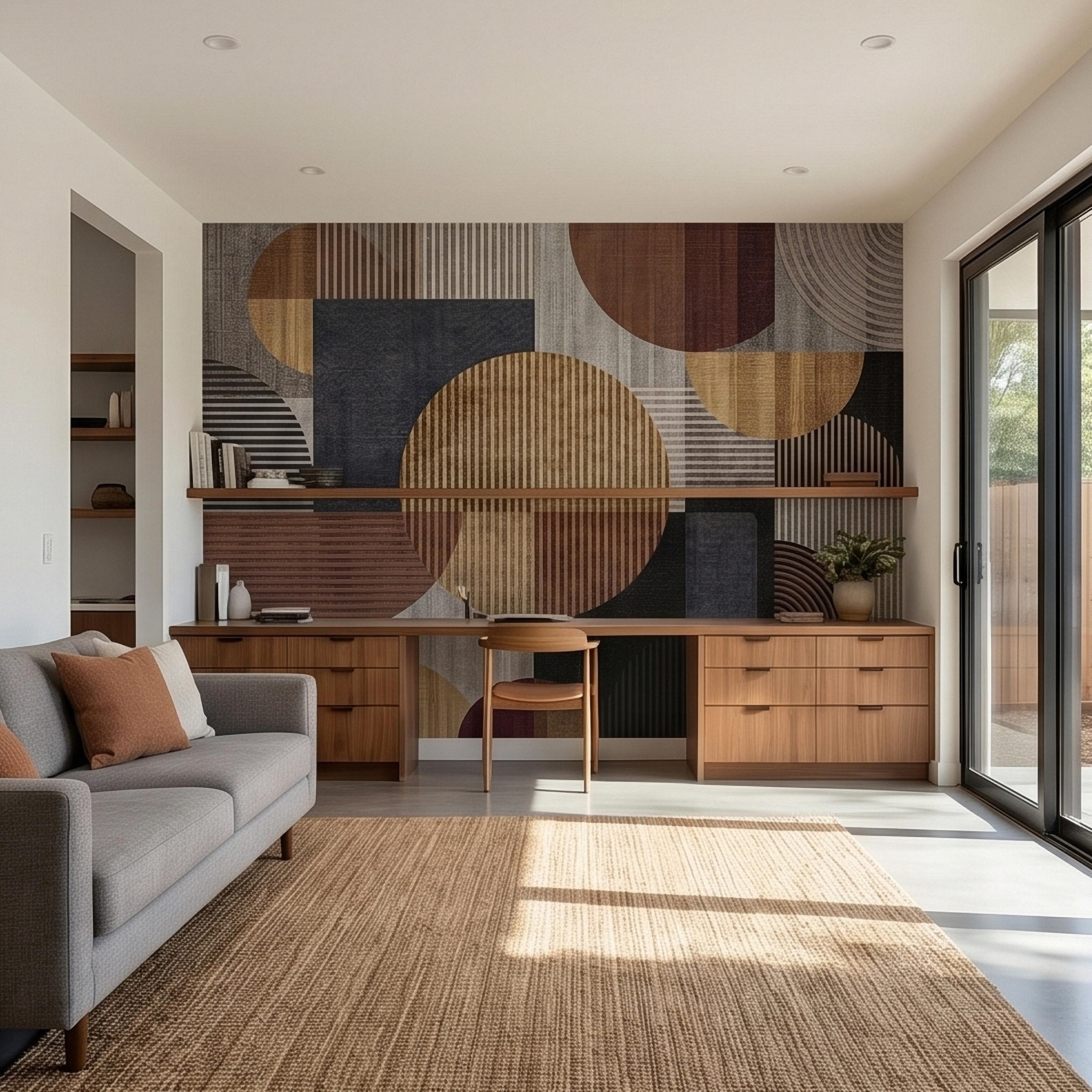 Neutral Geometric Circles Peel and Stick Wall Mural Mid Century Modern Abstract Stripes and Shapes Textured Retro Pattern Minimal Wallpaper