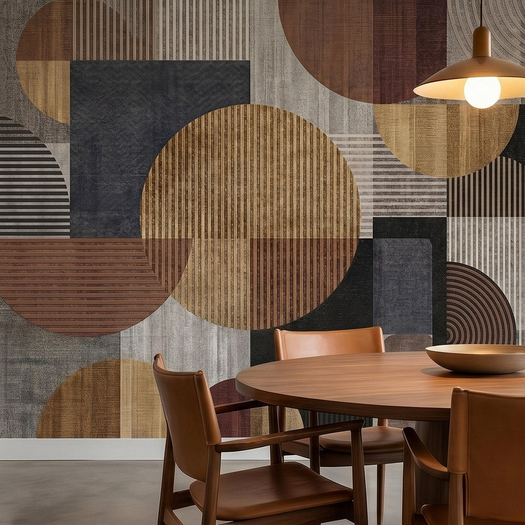Neutral Geometric Circles Peel and Stick Wall Mural Mid Century Modern Abstract Stripes and Shapes Textured Retro Pattern Minimal Wallpaper