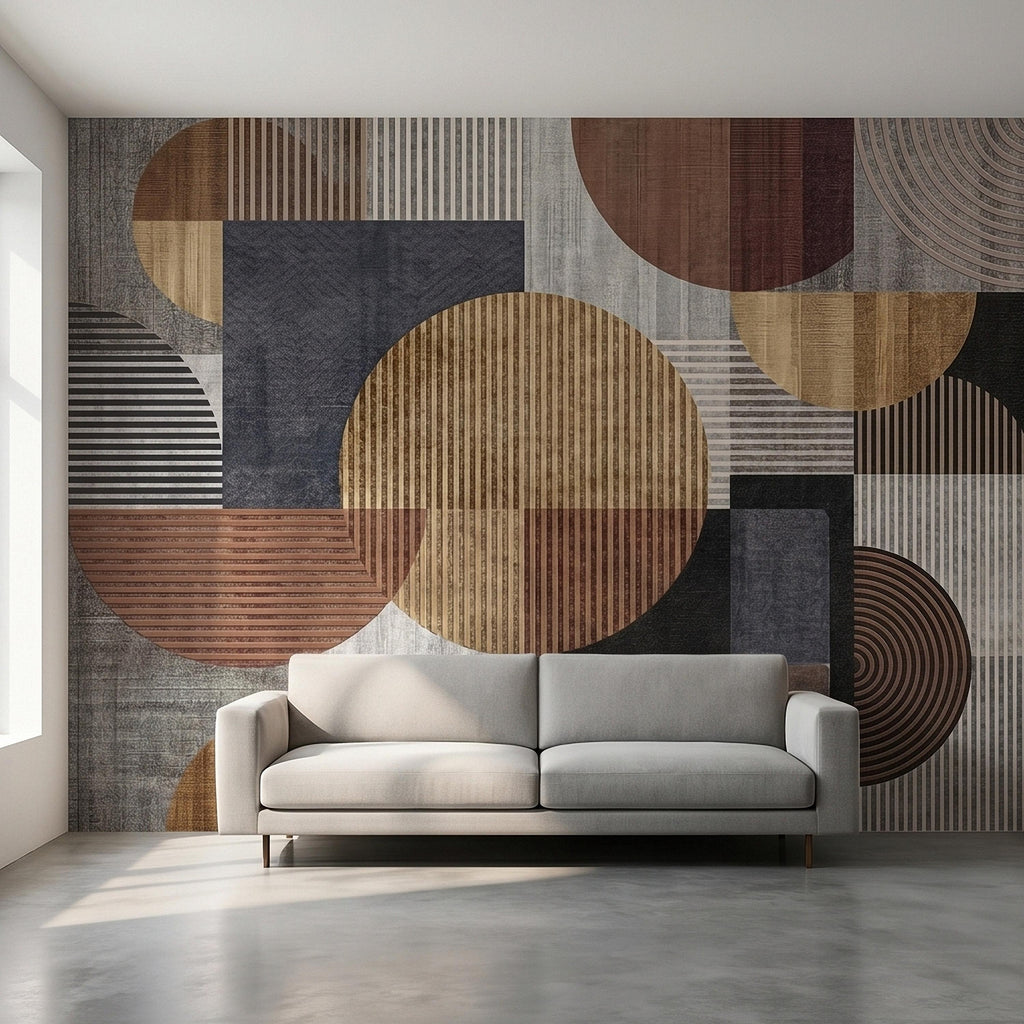 Neutral Geometric Circles Peel and Stick Wall Mural Mid Century Modern Abstract Stripes and Shapes Textured Retro Pattern Minimal Wallpaper