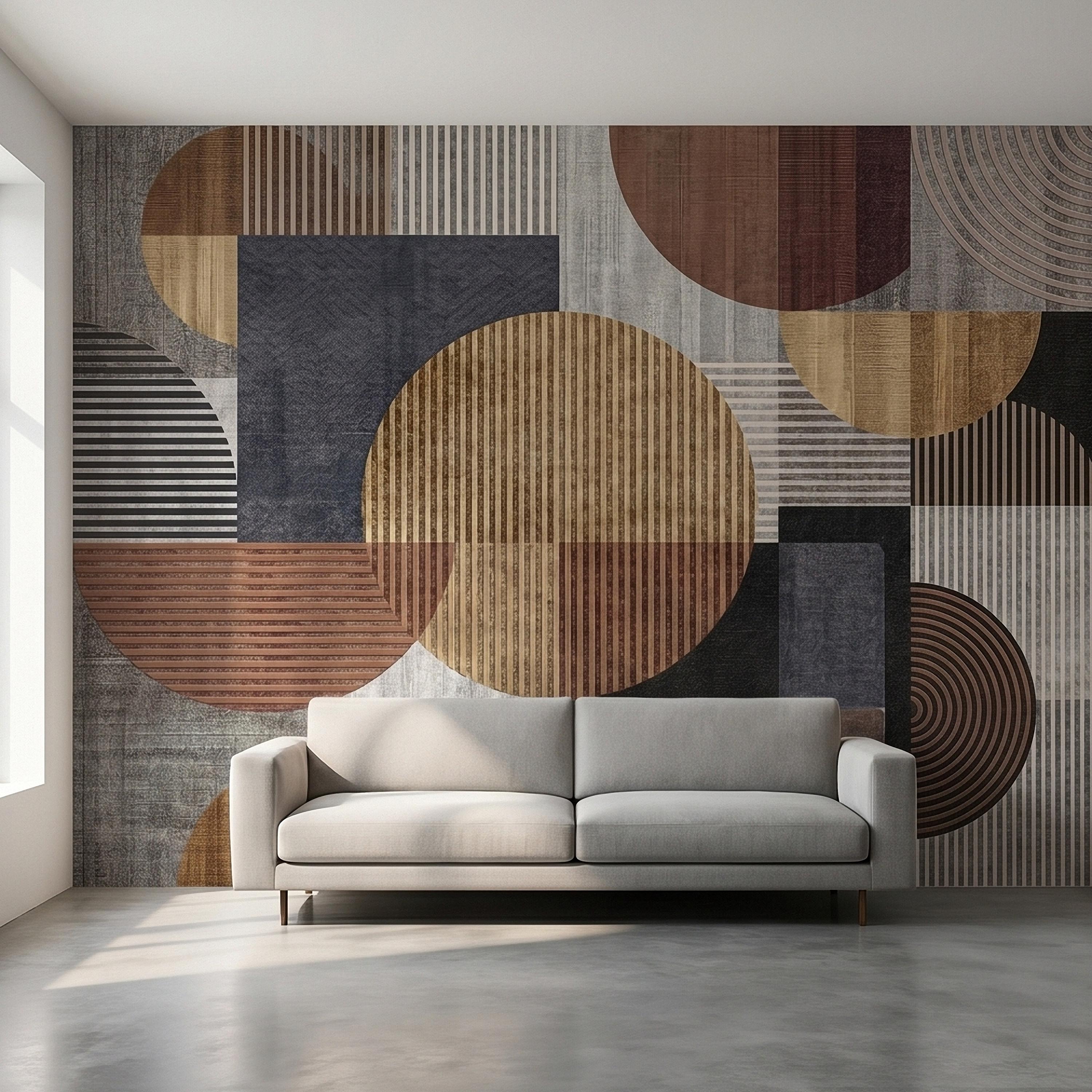 Neutral Geometric Circles Peel and Stick Wall Mural Mid Century Modern Abstract Stripes and Shapes Textured Retro Pattern Minimal Wallpaper