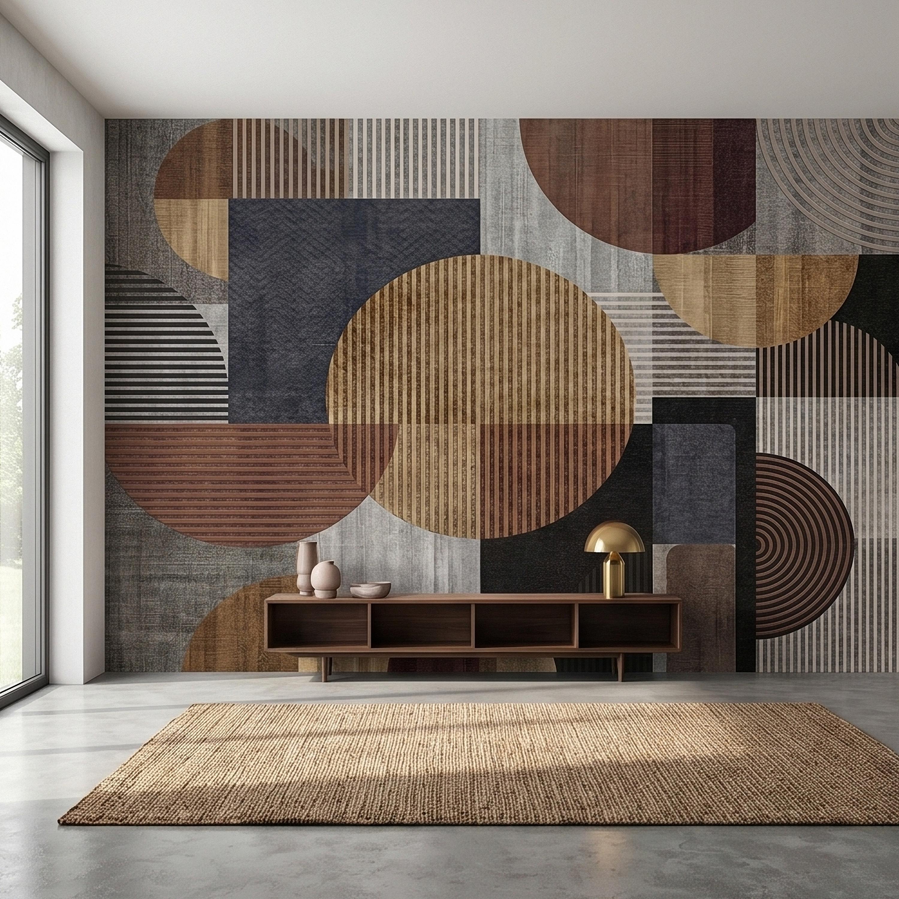Neutral Geometric Circles Peel and Stick Wall Mural Mid Century Modern Abstract Stripes and Shapes Textured Retro Pattern Minimal Wallpaper