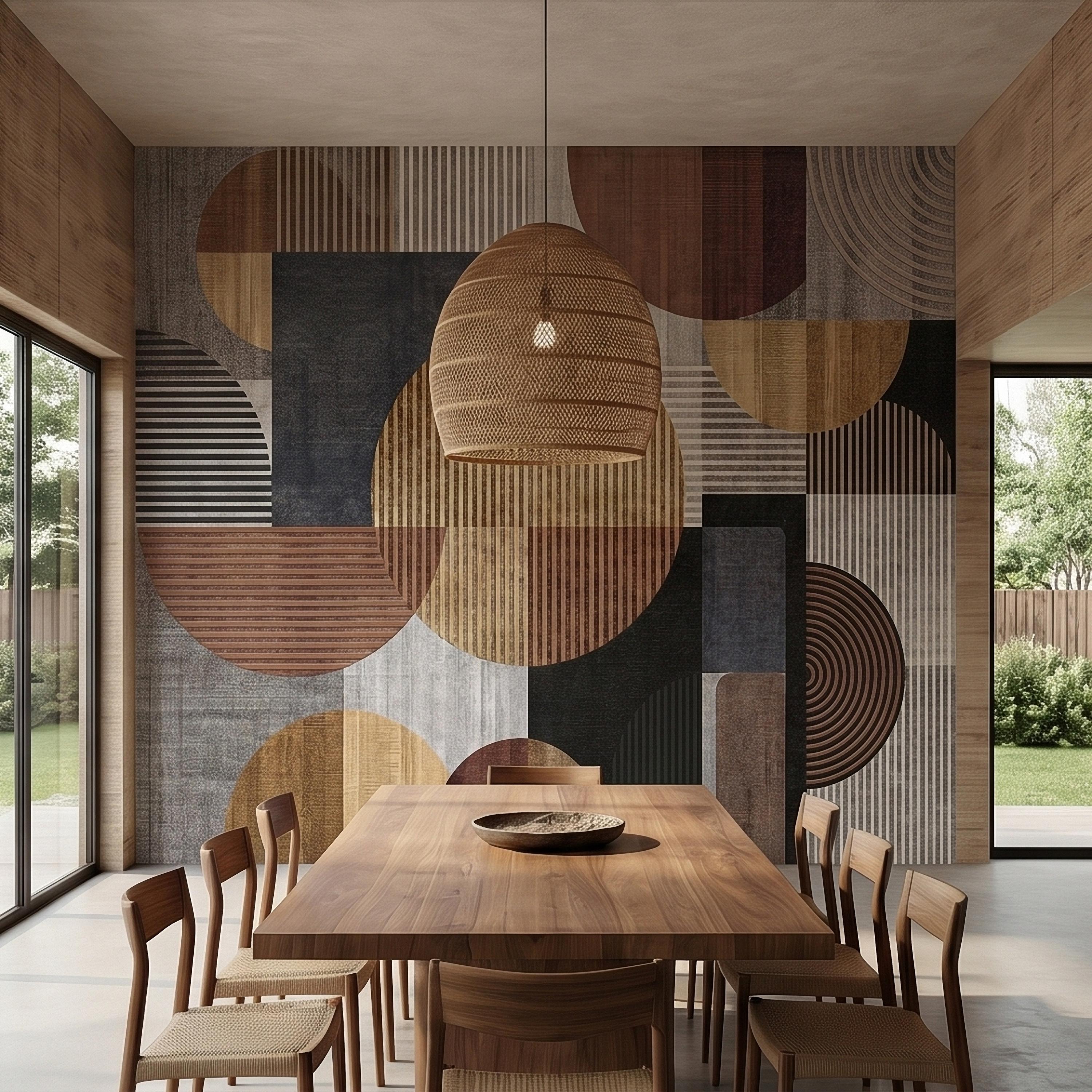 Neutral Geometric Circles Peel and Stick Wall Mural Mid Century Modern Abstract Stripes and Shapes Textured Retro Pattern Minimal Wallpaper