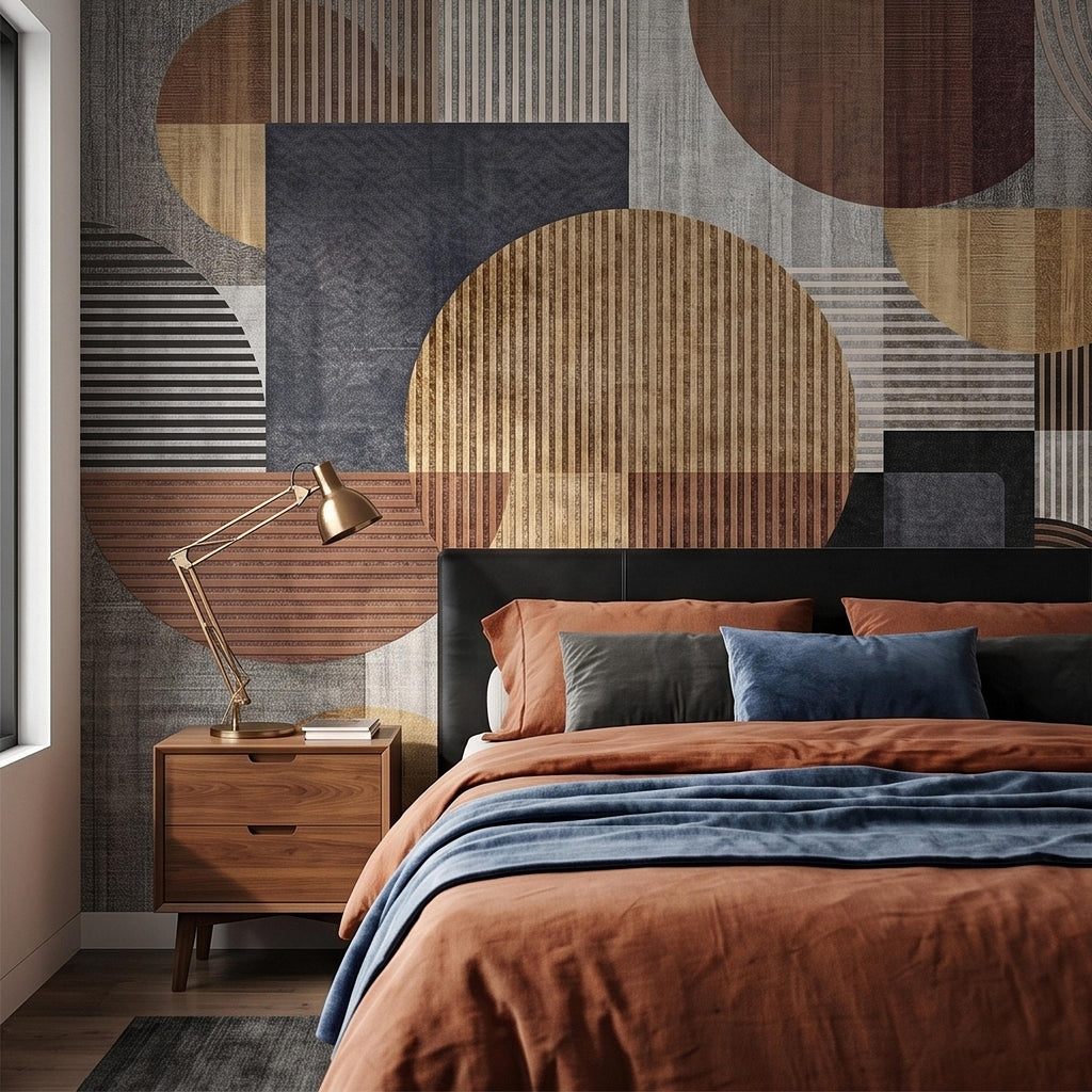 Neutral Geometric Circles Peel and Stick Wall Mural Mid Century Modern Abstract Stripes and Shapes Textured Retro Pattern Minimal Wallpaper