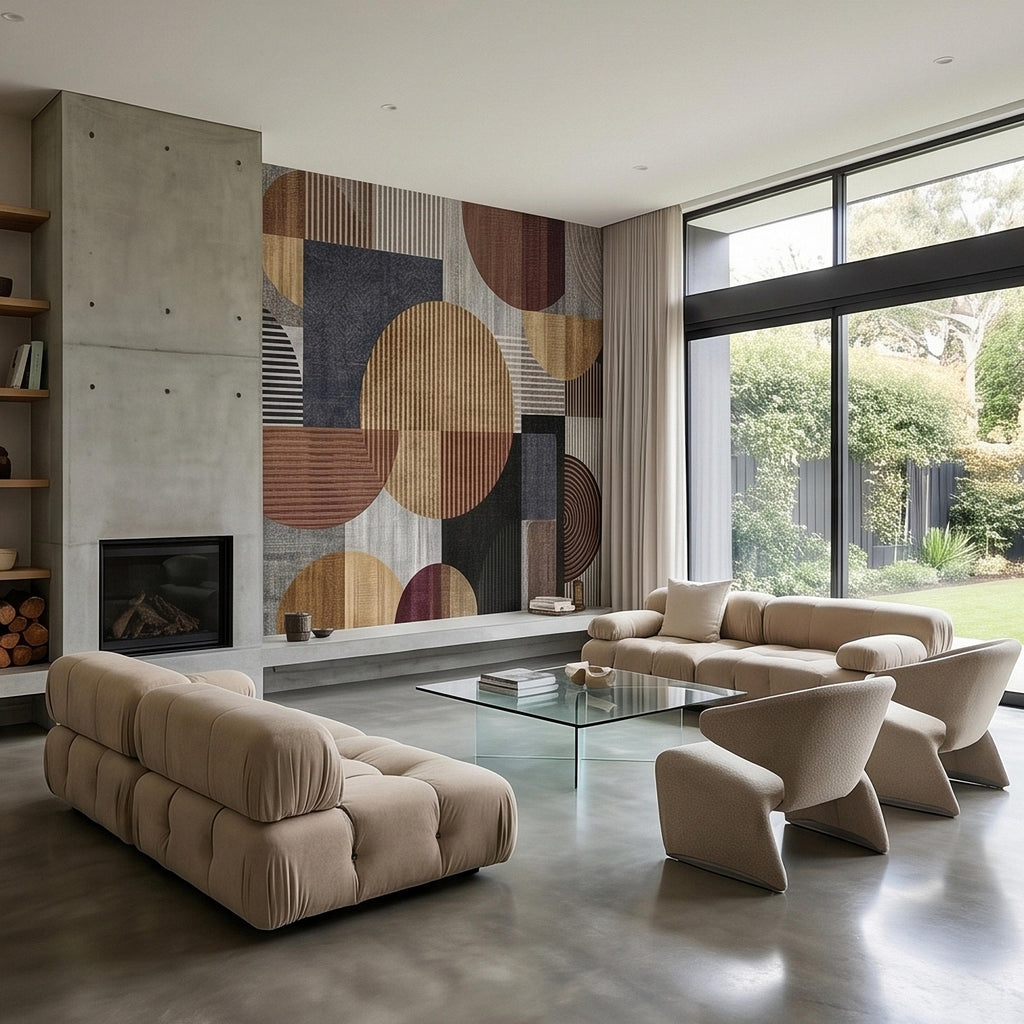 Neutral Geometric Circles Peel and Stick Wall Mural Mid Century Modern Abstract Stripes and Shapes Textured Retro Pattern Minimal Wallpaper