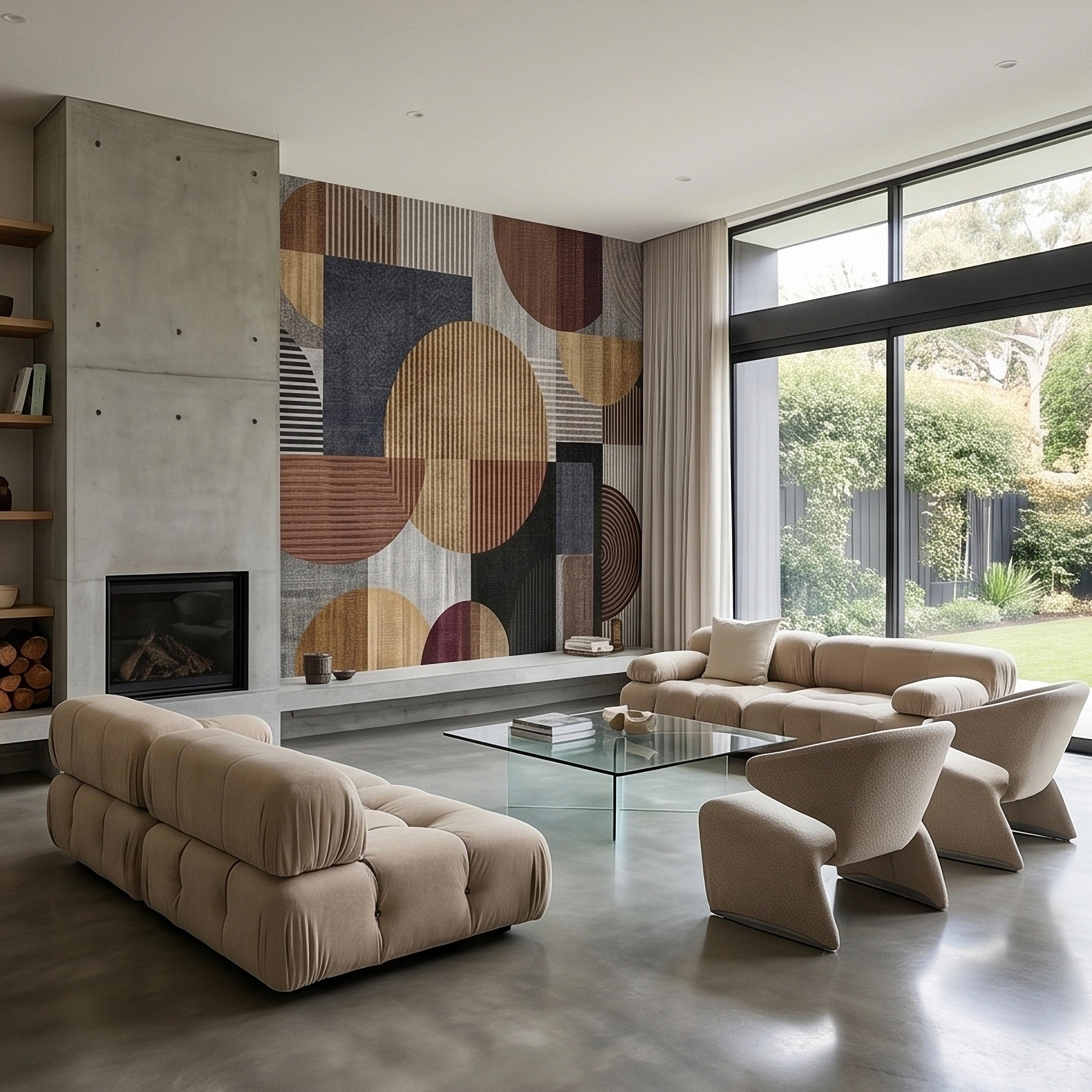 Neutral Geometric Circles Peel and Stick Wall Mural Mid Century Modern Abstract Stripes and Shapes Textured Retro Pattern Minimal Wallpaper