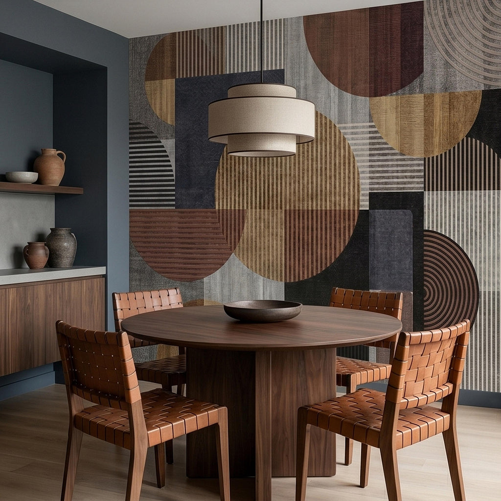 Neutral Geometric Circles Peel and Stick Wall Mural Mid Century Modern Abstract Stripes and Shapes Textured Retro Pattern Minimal Wallpaper