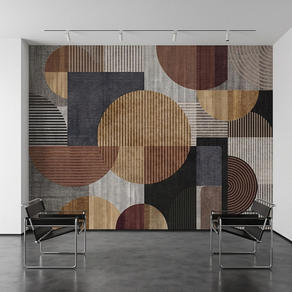 Neutral Geometric Circles Peel and Stick Wall Mural Mid Century Modern Abstract Stripes and Shapes Textured Retro Pattern Minimal Wallpaper