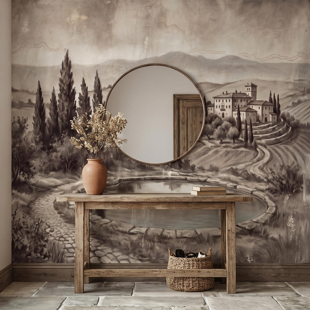 Vintage Tuscan Countryside Peel and Stick Wall Mural, Antique Italian Villa Fresco Landscape with Cypress Trees and Lake Old World Wallpaper