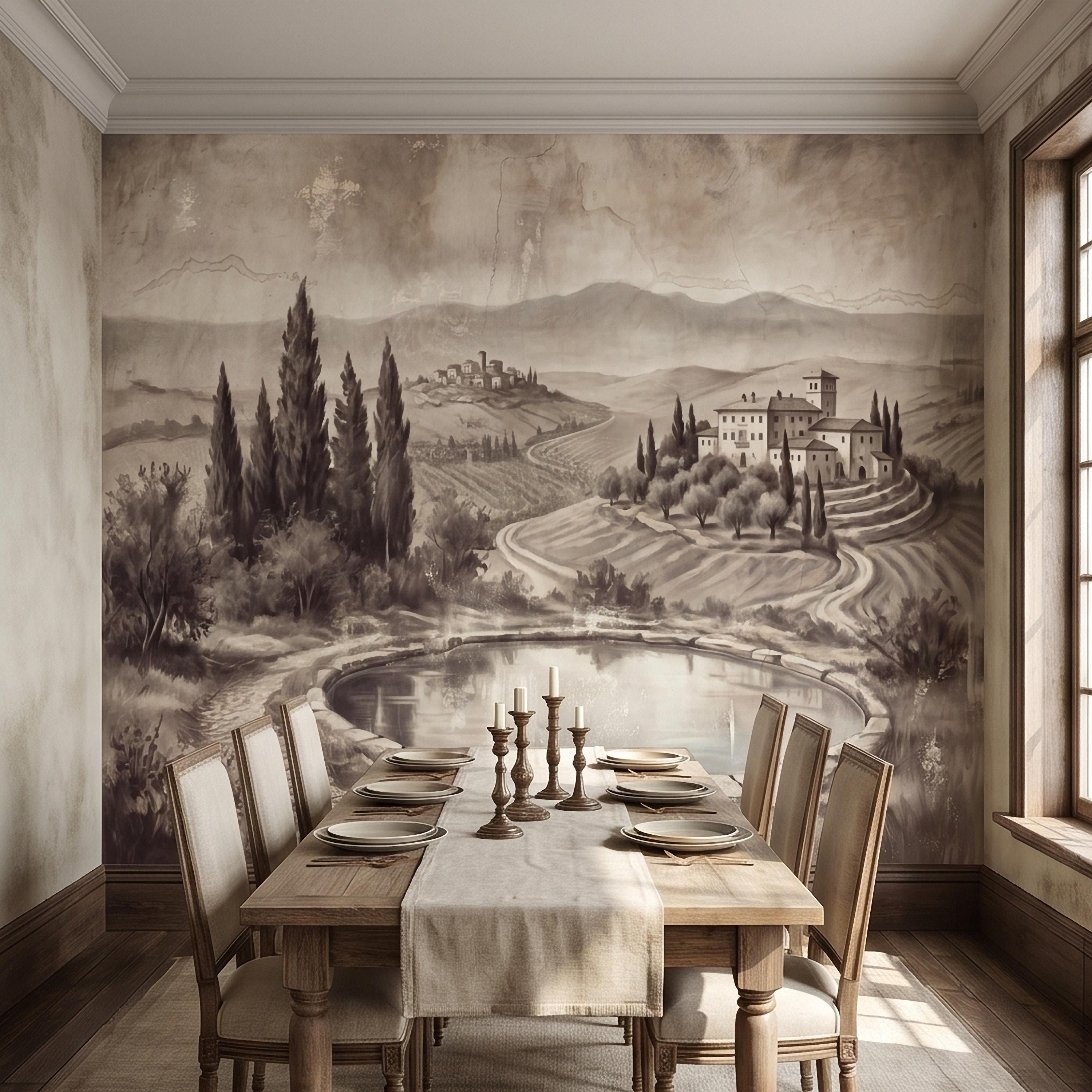 Vintage Tuscan Countryside Peel and Stick Wall Mural, Antique Italian Villa Fresco Landscape with Cypress Trees and Lake Old World Wallpaper