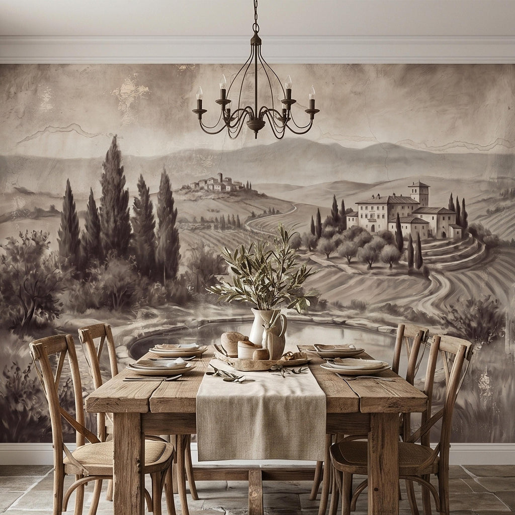Vintage Tuscan Countryside Peel and Stick Wall Mural, Antique Italian Villa Fresco Landscape with Cypress Trees and Lake Old World Wallpaper