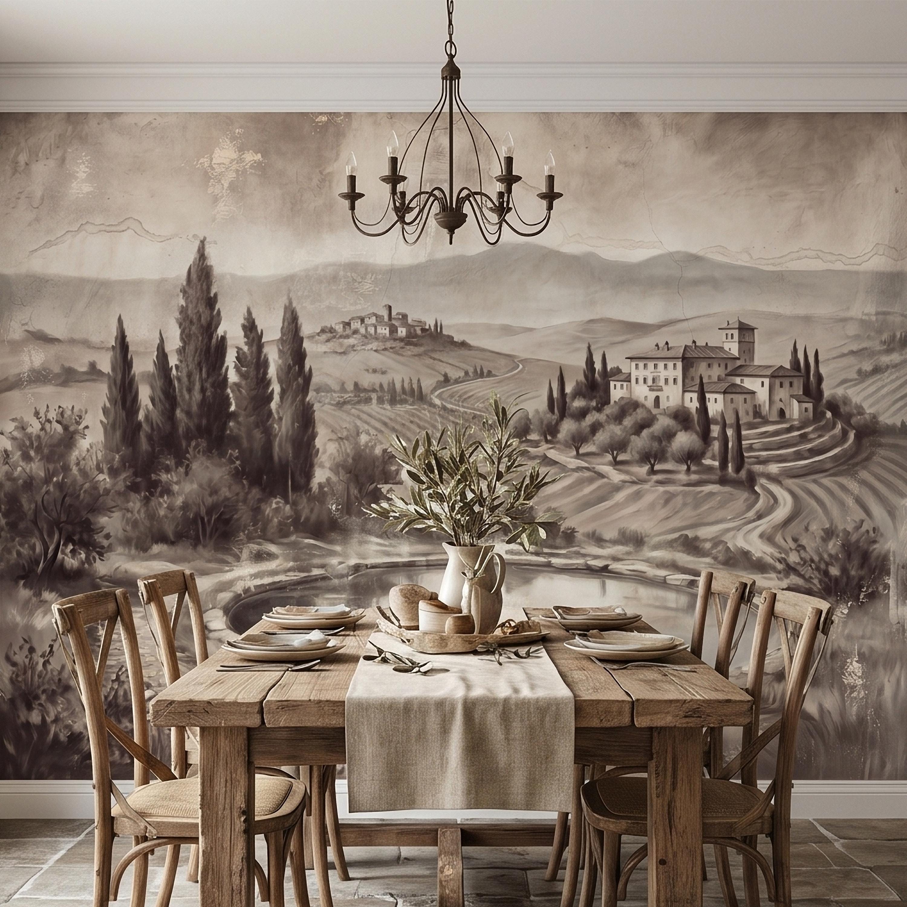 Vintage Tuscan Countryside Peel and Stick Wall Mural, Antique Italian Villa Fresco Landscape with Cypress Trees and Lake Old World Wallpaper