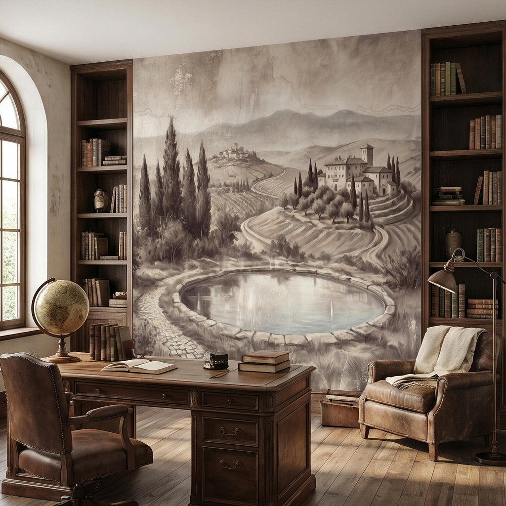 Vintage Tuscan Countryside Peel and Stick Wall Mural, Antique Italian Villa Fresco Landscape with Cypress Trees and Lake Old World Wallpaper