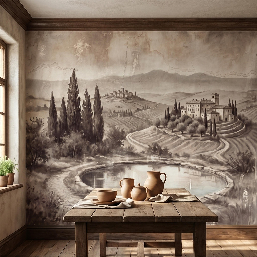 Vintage Tuscan Countryside Peel and Stick Wall Mural, Antique Italian Villa Fresco Landscape with Cypress Trees and Lake Old World Wallpaper