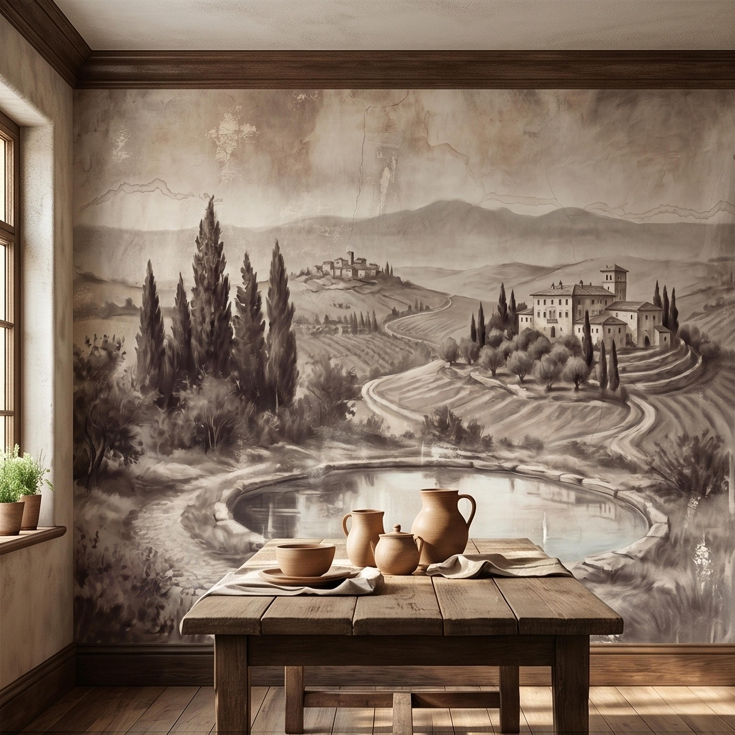 Vintage Tuscan Countryside Peel and Stick Wall Mural, Antique Italian Villa Fresco Landscape with Cypress Trees and Lake Old World Wallpaper