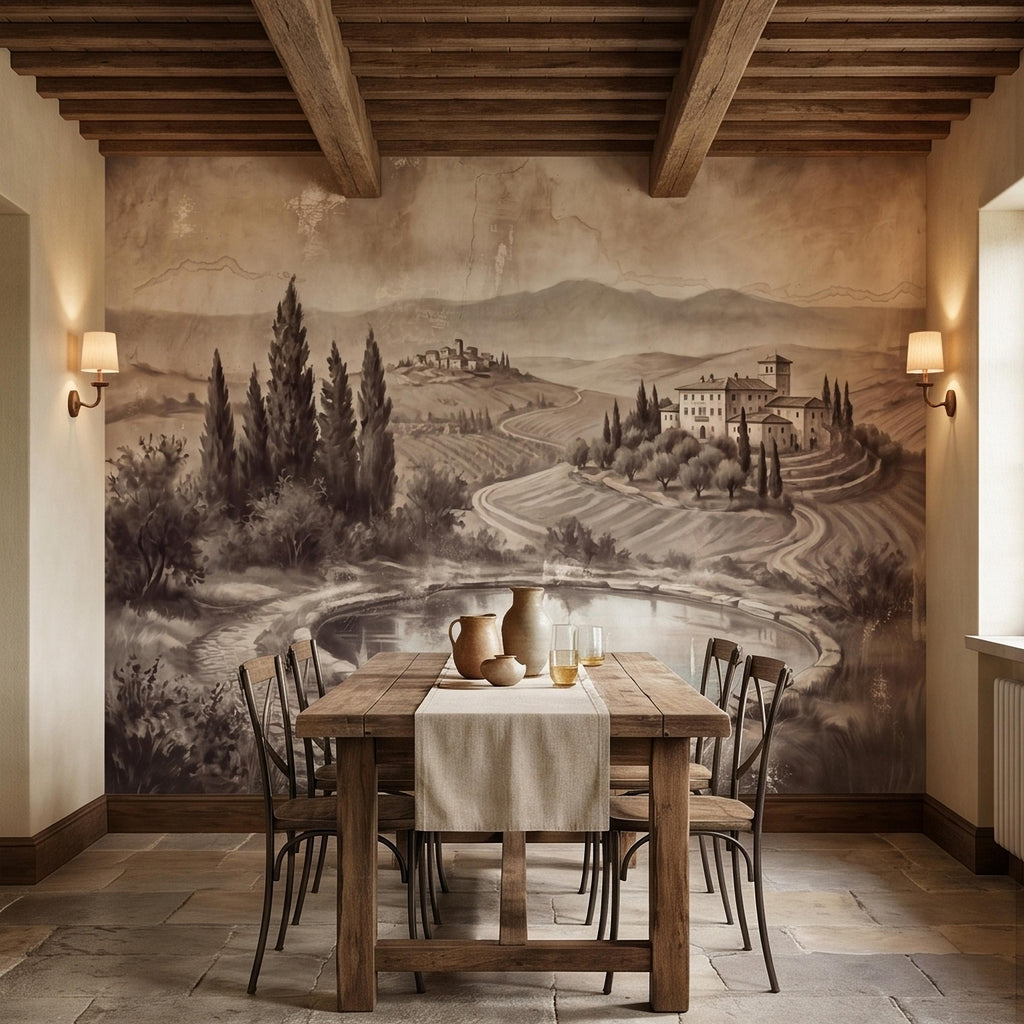 Vintage Tuscan Countryside Peel and Stick Wall Mural, Antique Italian Villa Fresco Landscape with Cypress Trees and Lake Old World Wallpaper