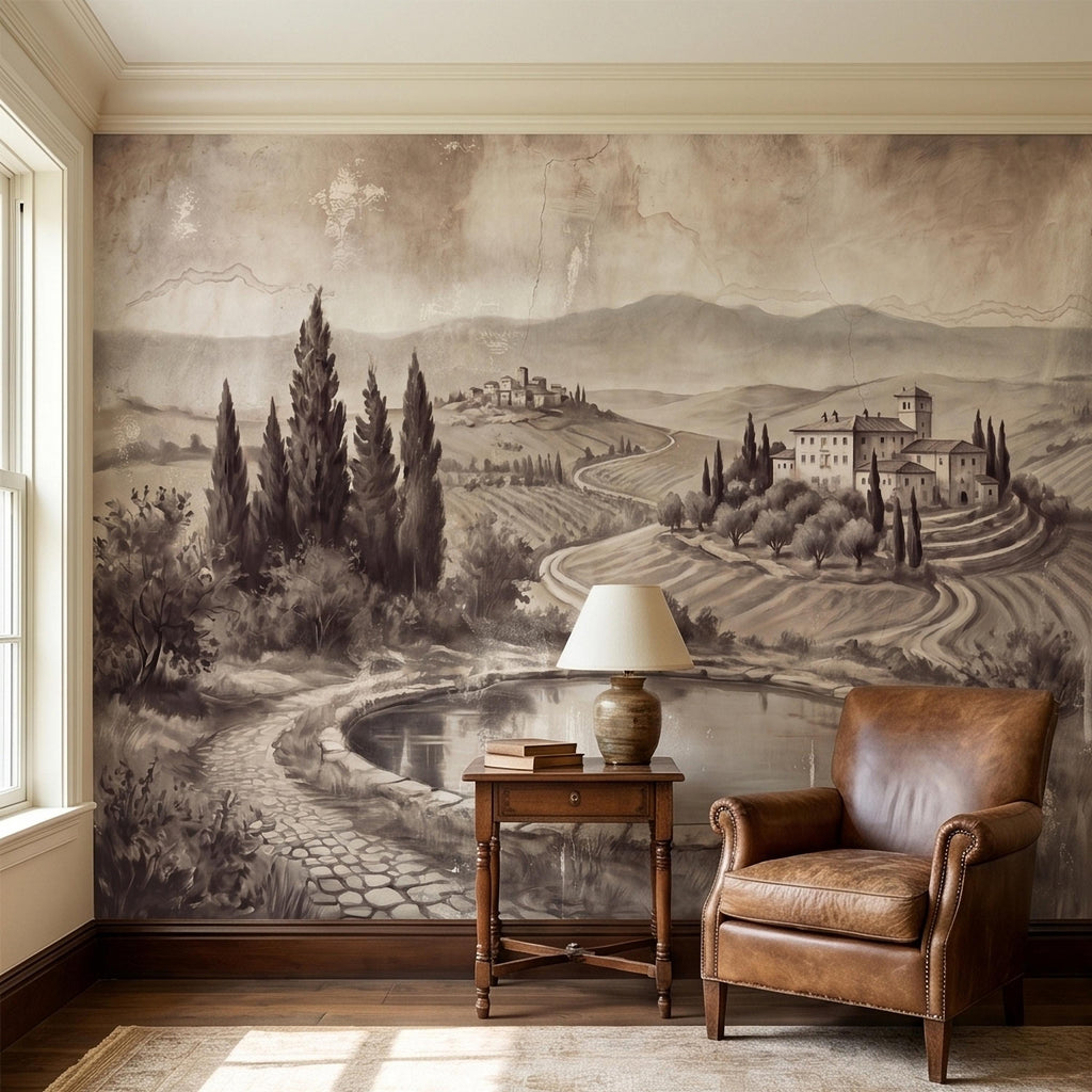 Vintage Tuscan Countryside Peel and Stick Wall Mural, Antique Italian Villa Fresco Landscape with Cypress Trees and Lake Old World Wallpaper