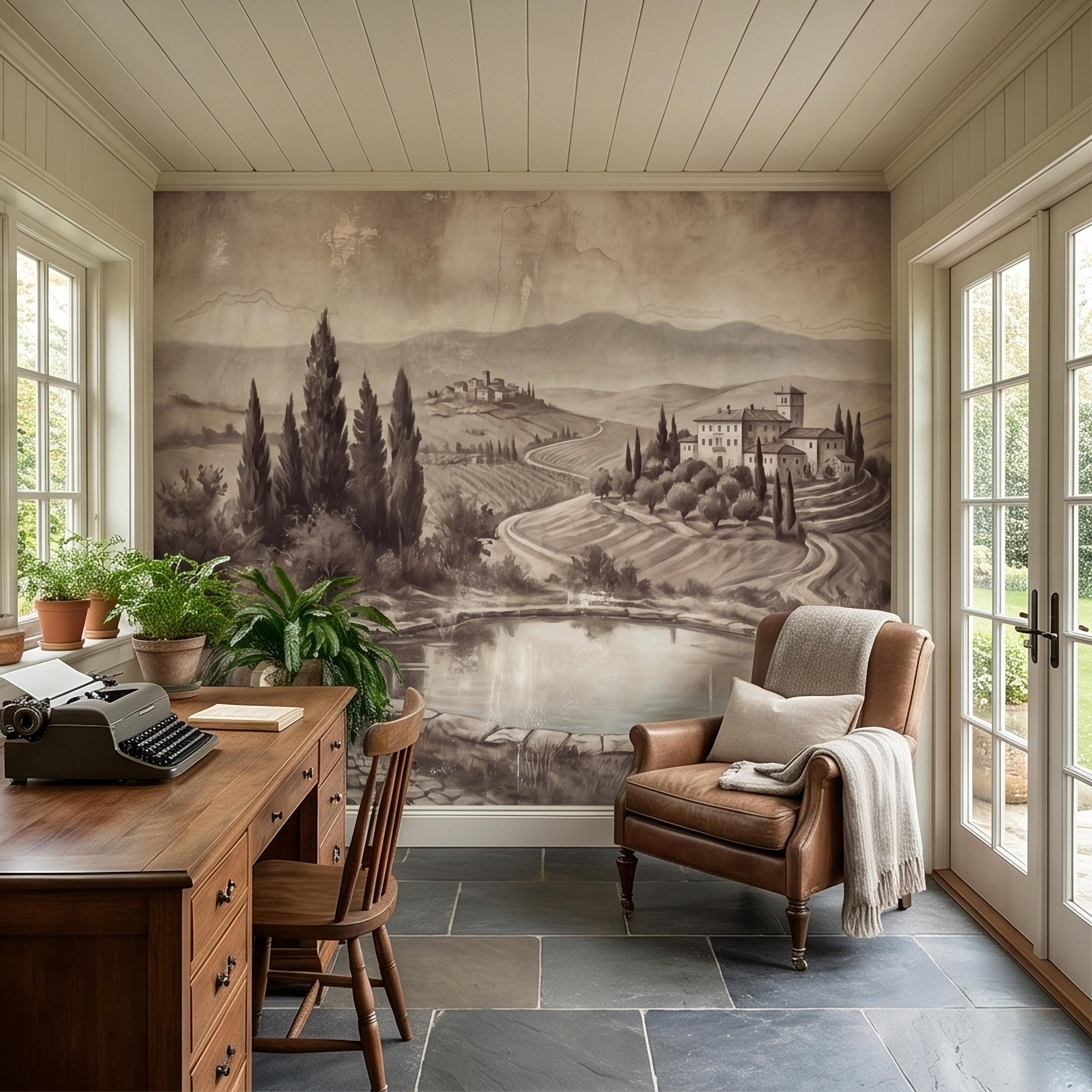 Vintage Tuscan Countryside Peel and Stick Wall Mural, Antique Italian Villa Fresco Landscape with Cypress Trees and Lake Old World Wallpaper