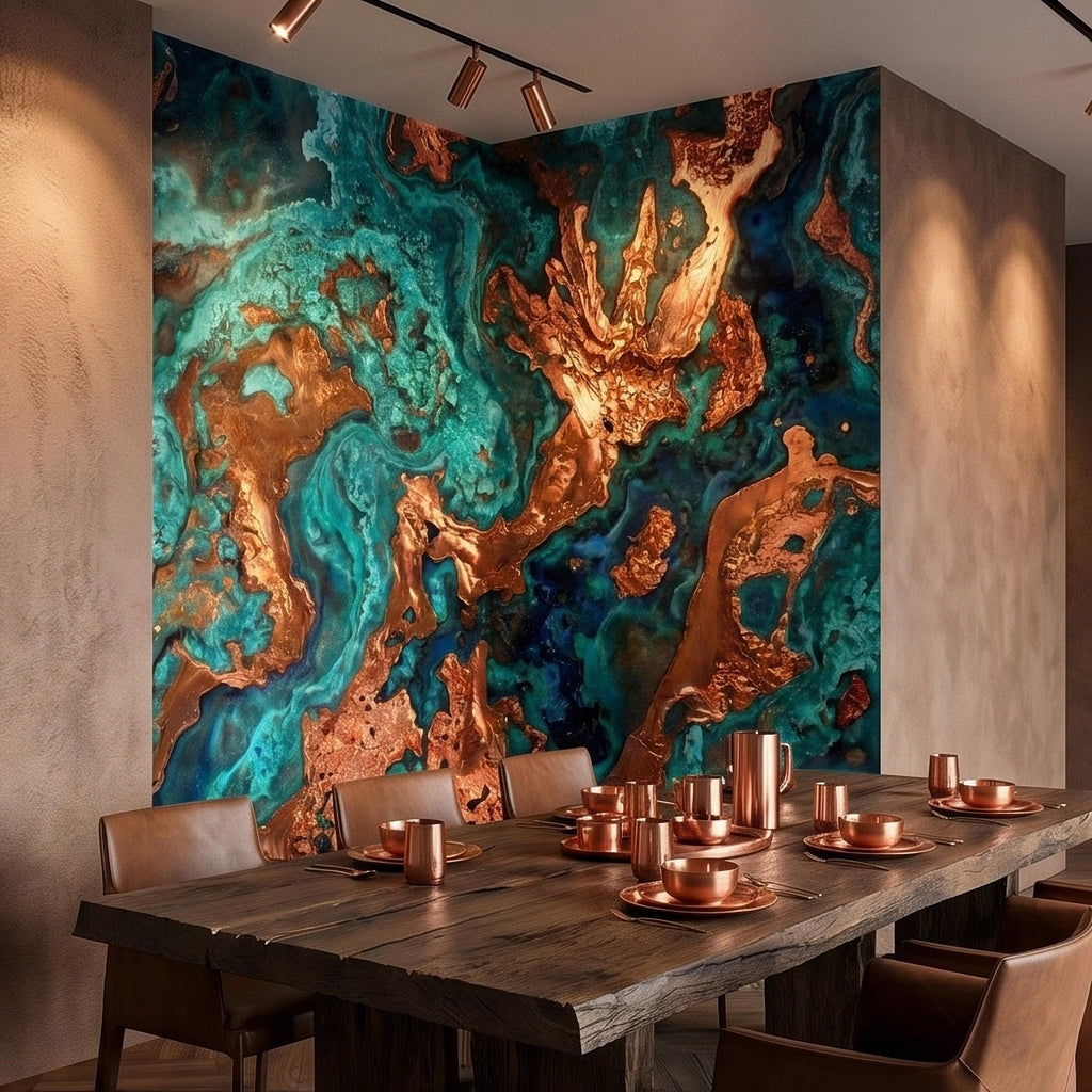 Turquoise and Copper Abstract Marble Peel and Stick Wall Mural, Teal Ocean Ink Swirl Geode Stone Texture, Modern Luxury Fluid Art Wallpaper