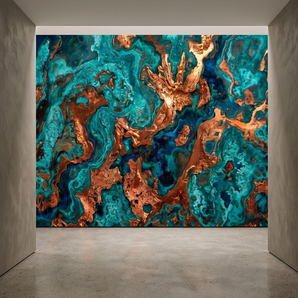 Turquoise and Copper Abstract Marble Peel and Stick Wall Mural, Teal Ocean Ink Swirl Geode Stone Texture, Modern Luxury Fluid Art Wallpaper