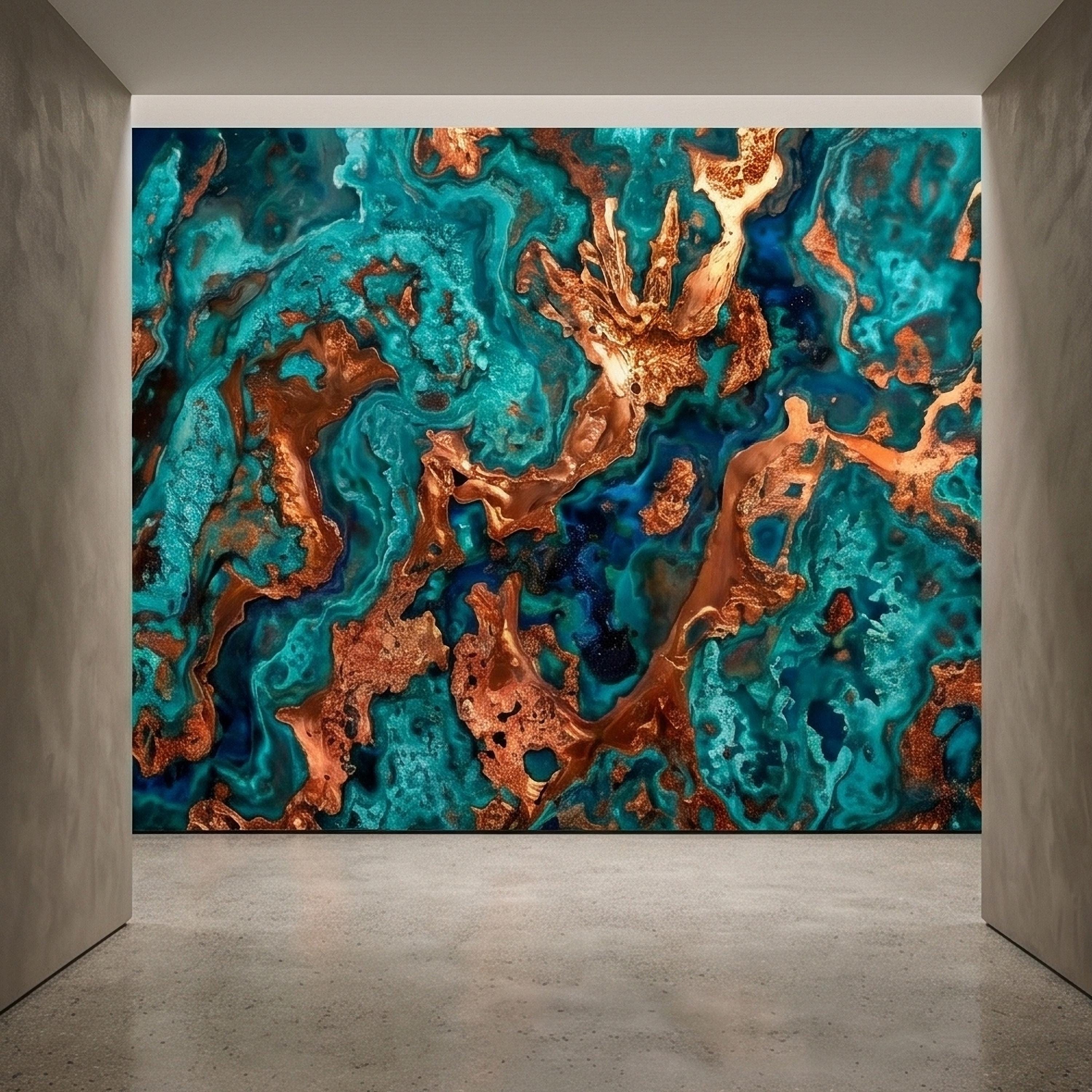 Turquoise and Copper Abstract Marble Peel and Stick Wall Mural, Teal Ocean Ink Swirl Geode Stone Texture, Modern Luxury Fluid Art Wallpaper