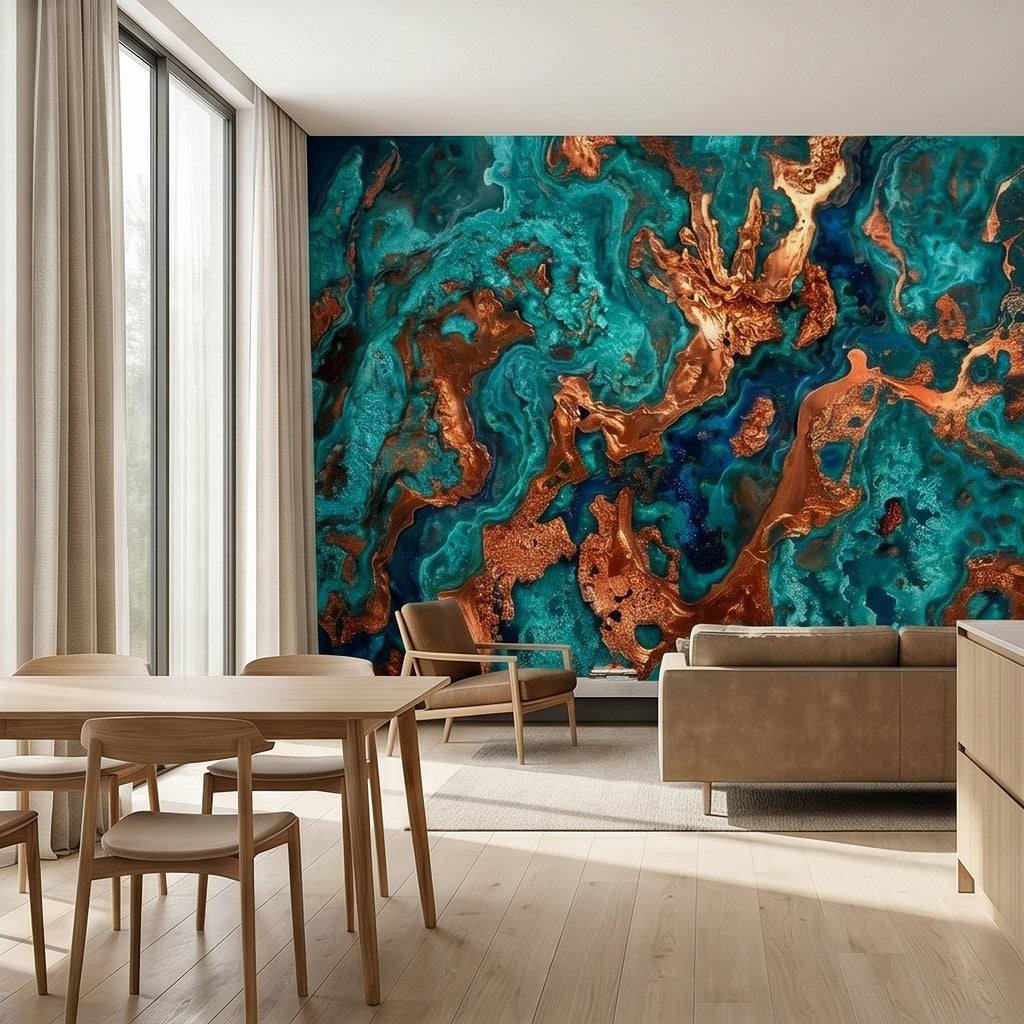 Turquoise and Copper Abstract Marble Peel and Stick Wall Mural, Teal Ocean Ink Swirl Geode Stone Texture, Modern Luxury Fluid Art Wallpaper