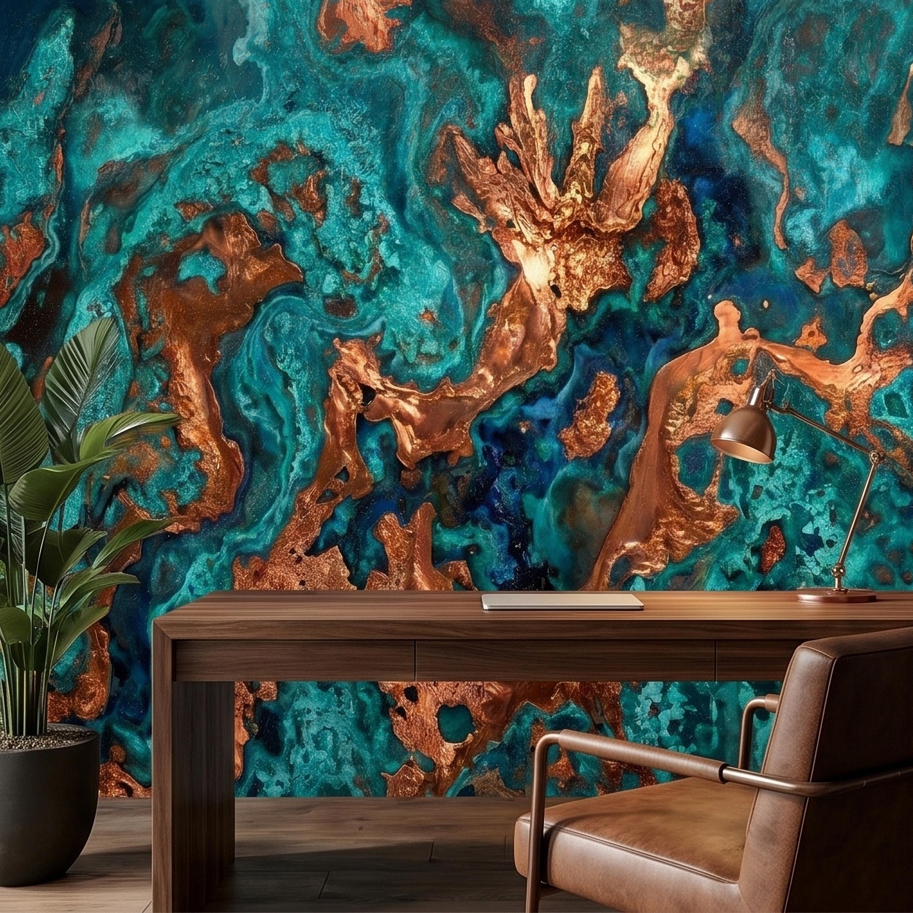 Turquoise and Copper Abstract Marble Peel and Stick Wall Mural, Teal Ocean Ink Swirl Geode Stone Texture, Modern Luxury Fluid Art Wallpaper