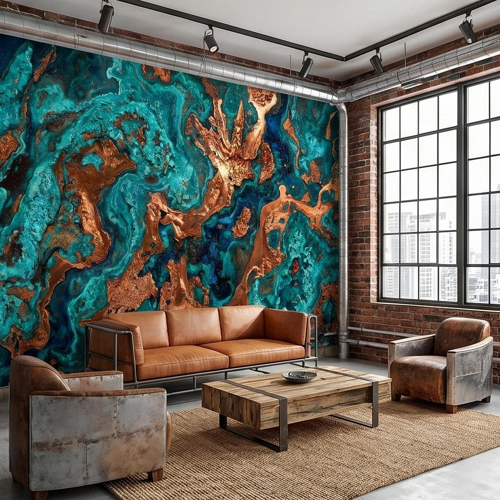 Turquoise and Copper Abstract Marble Peel and Stick Wall Mural, Teal Ocean Ink Swirl Geode Stone Texture, Modern Luxury Fluid Art Wallpaper