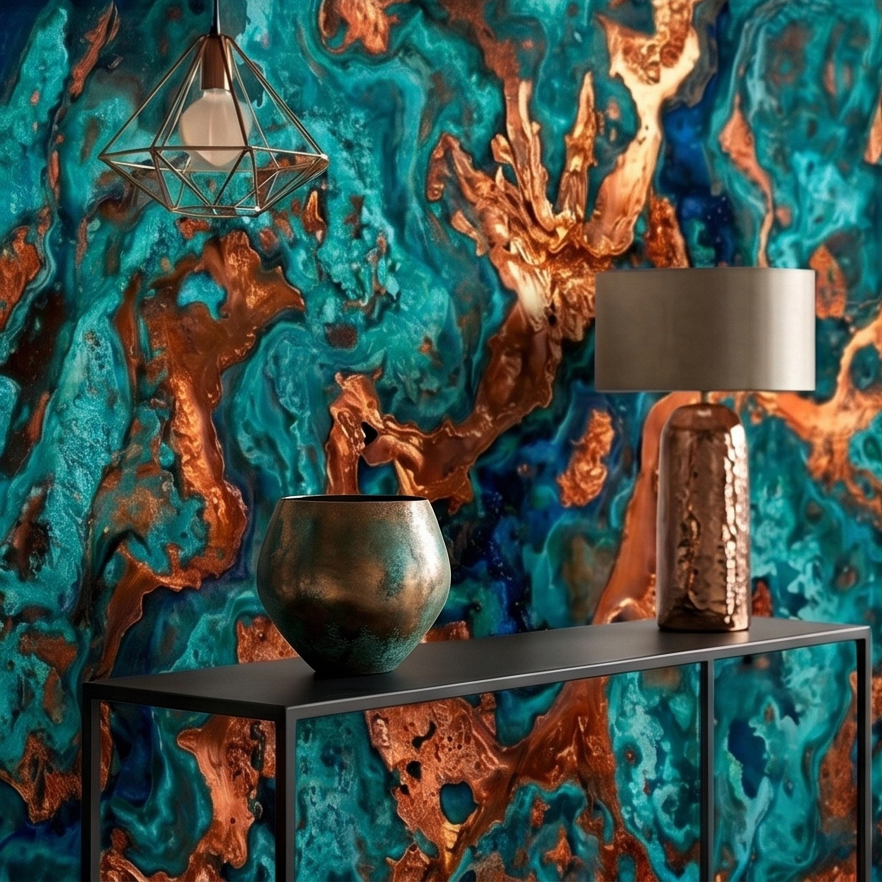 Turquoise and Copper Abstract Marble Peel and Stick Wall Mural, Teal Ocean Ink Swirl Geode Stone Texture, Modern Luxury Fluid Art Wallpaper