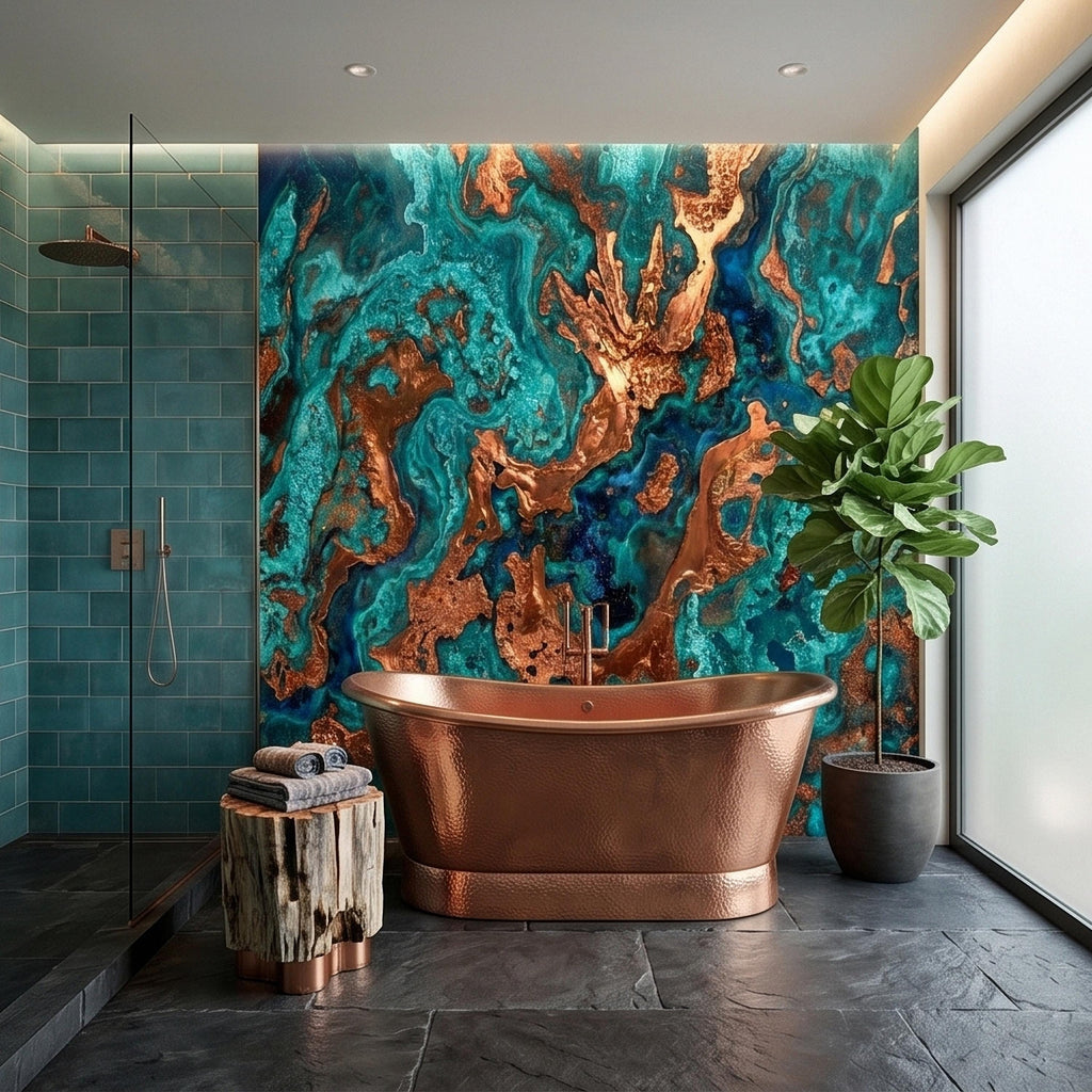Turquoise and Copper Abstract Marble Peel and Stick Wall Mural, Teal Ocean Ink Swirl Geode Stone Texture, Modern Luxury Fluid Art Wallpaper