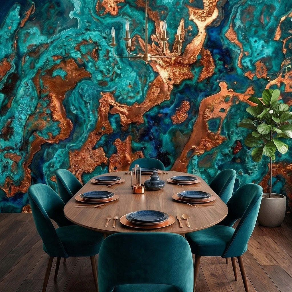 Turquoise and Copper Abstract Marble Peel and Stick Wall Mural, Teal Ocean Ink Swirl Geode Stone Texture, Modern Luxury Fluid Art Wallpaper