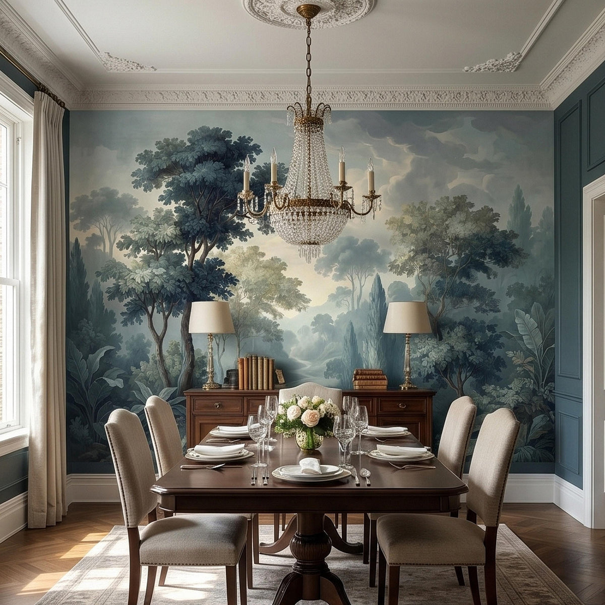 Forest landscape wall mural with misty treeline behind a dining table and chandelier