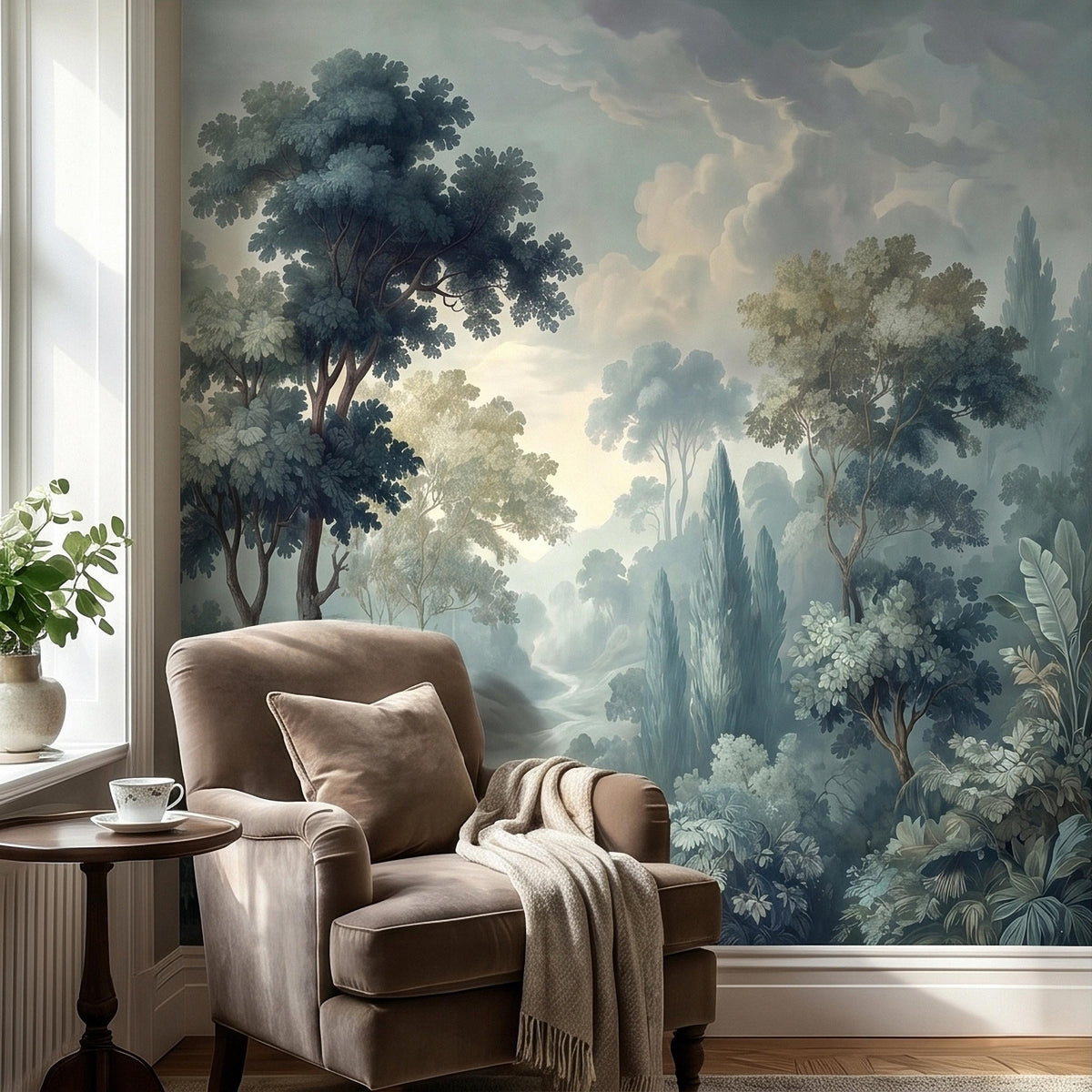 Forest landscape wall mural with misty trees and layered foliage behind a beige armchair