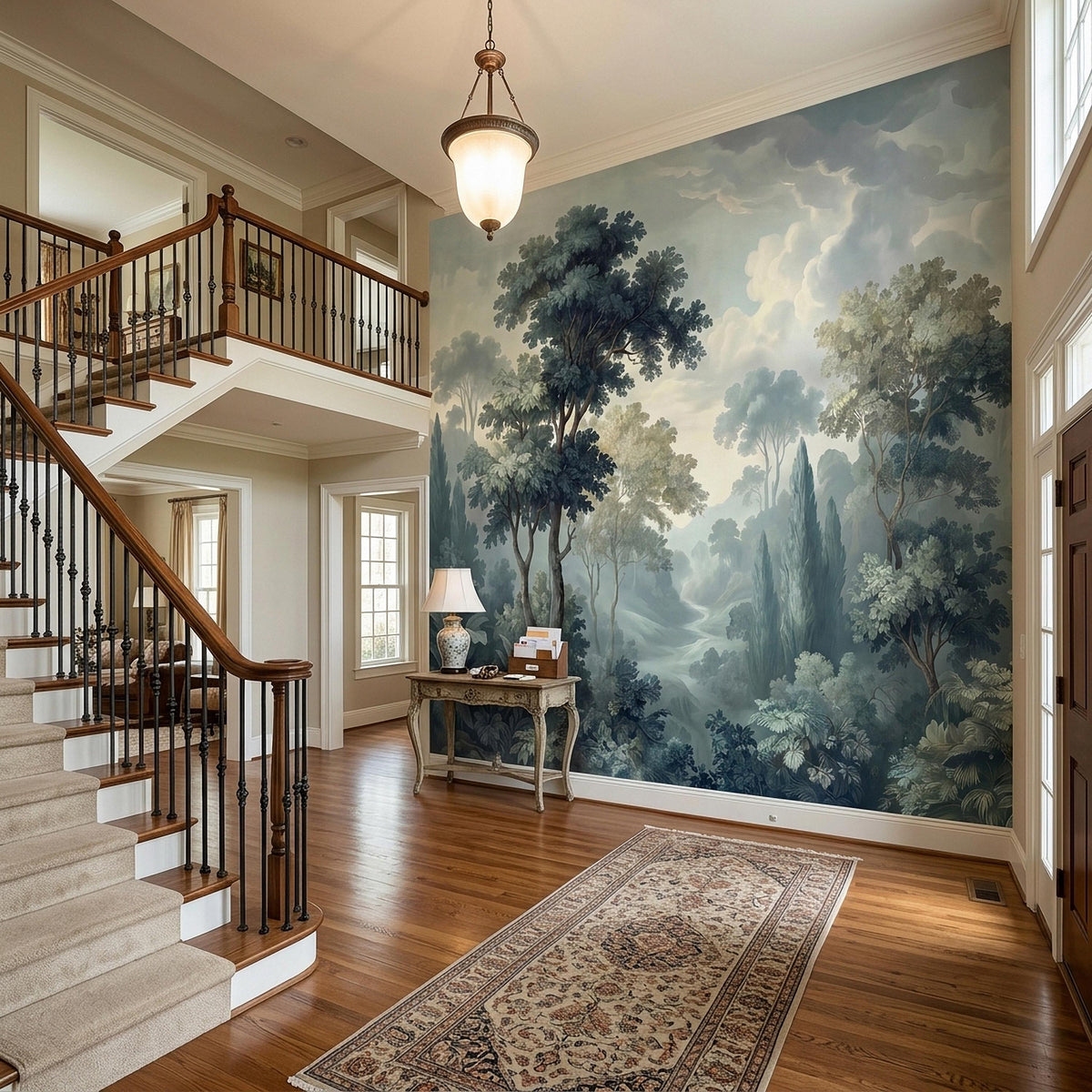 Forest landscape wall mural wrapping the hallway wall with foggy blue-green trees