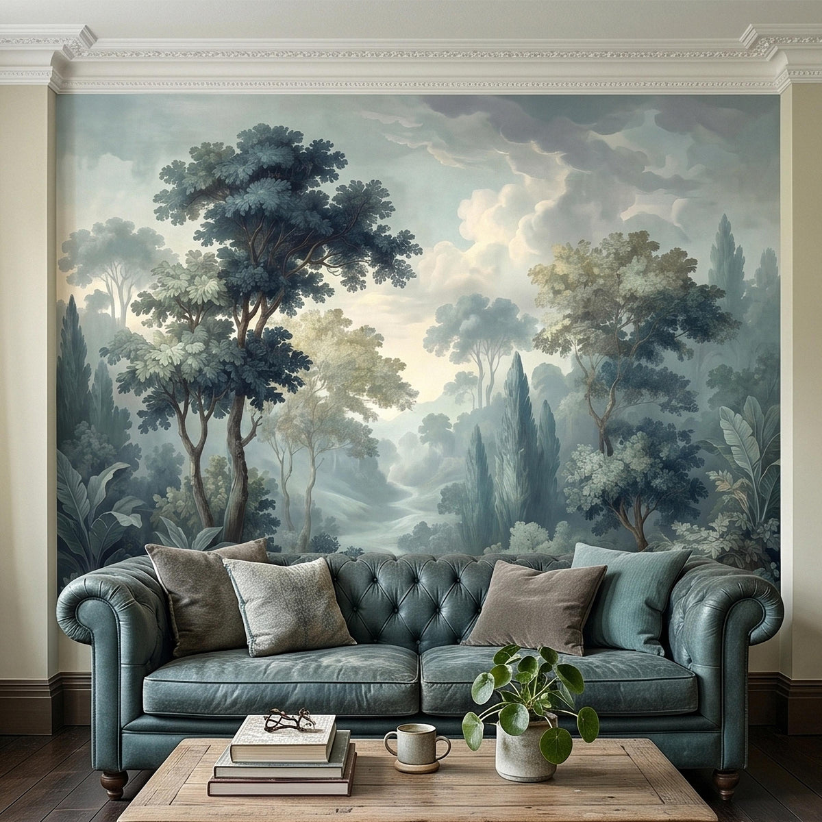 Forest landscape wall mural in foggy blue-green tones behind a teal sofa