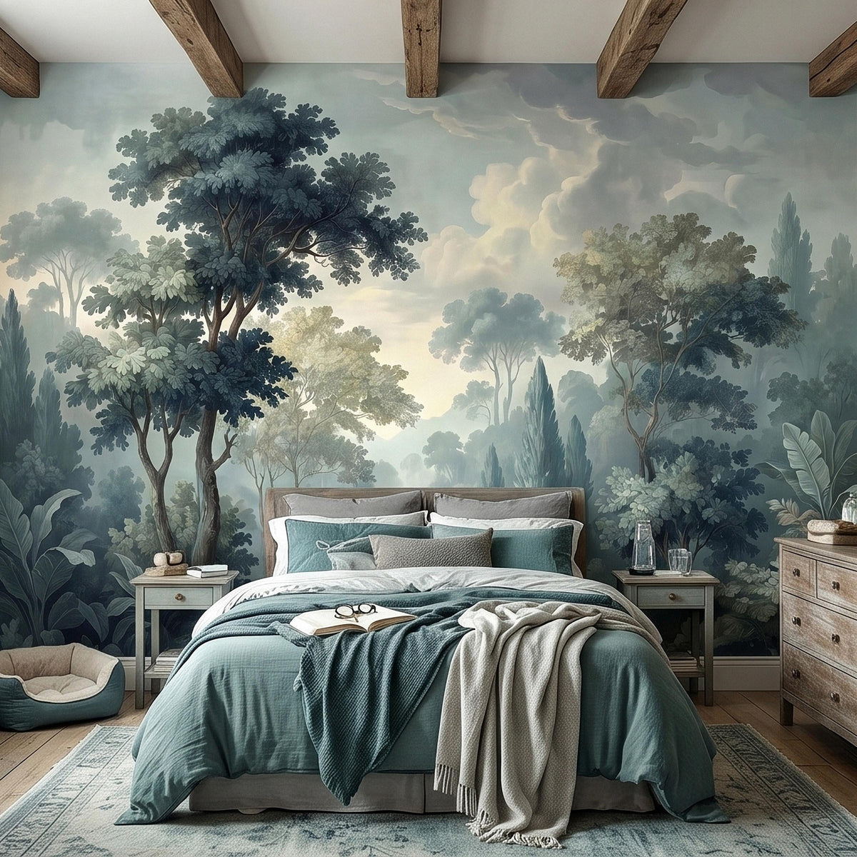 Forest landscape wall mural with foggy blue-green watercolor trees and sky