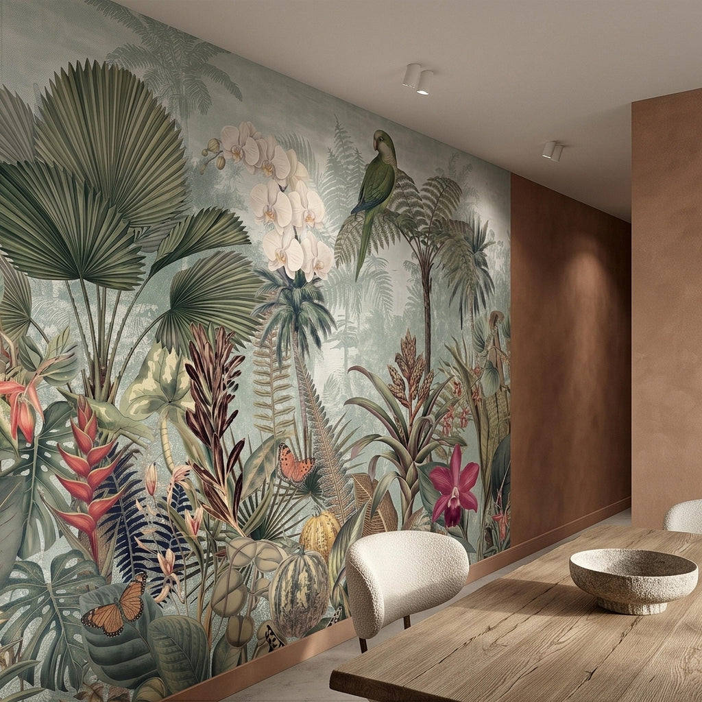 Tropical Botanical Parrot and Orchid Peel and Stick Wall Mural, Vintage Jungle Palm Leaves and Butterflies, Exotic Garden Wallpaper