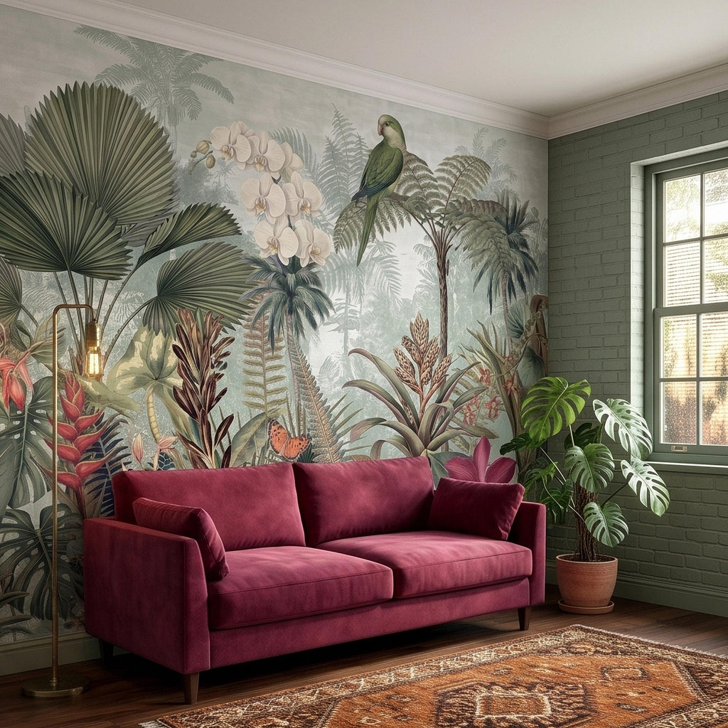 Tropical Botanical Parrot and Orchid Peel and Stick Wall Mural, Vintage Jungle Palm Leaves and Butterflies, Exotic Garden Wallpaper