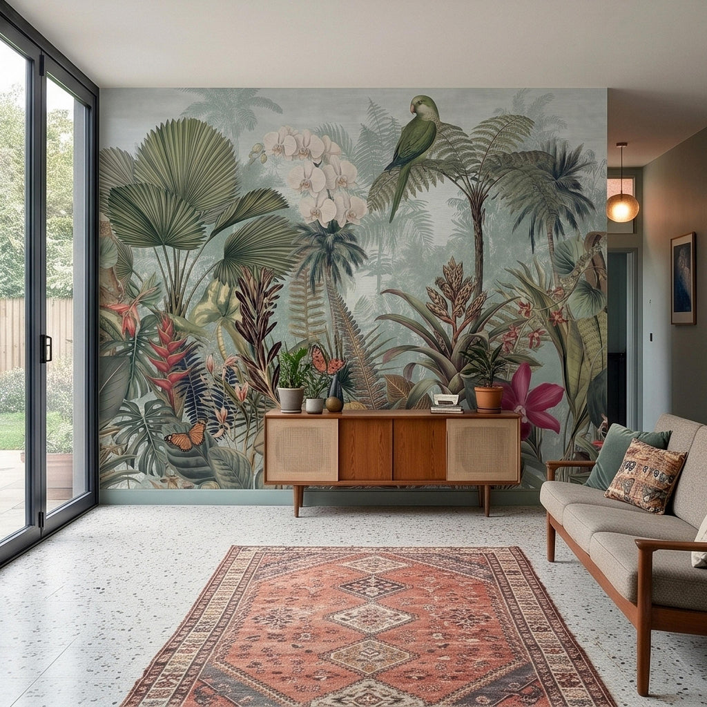 Tropical Botanical Parrot and Orchid Peel and Stick Wall Mural, Vintage Jungle Palm Leaves and Butterflies, Exotic Garden Wallpaper