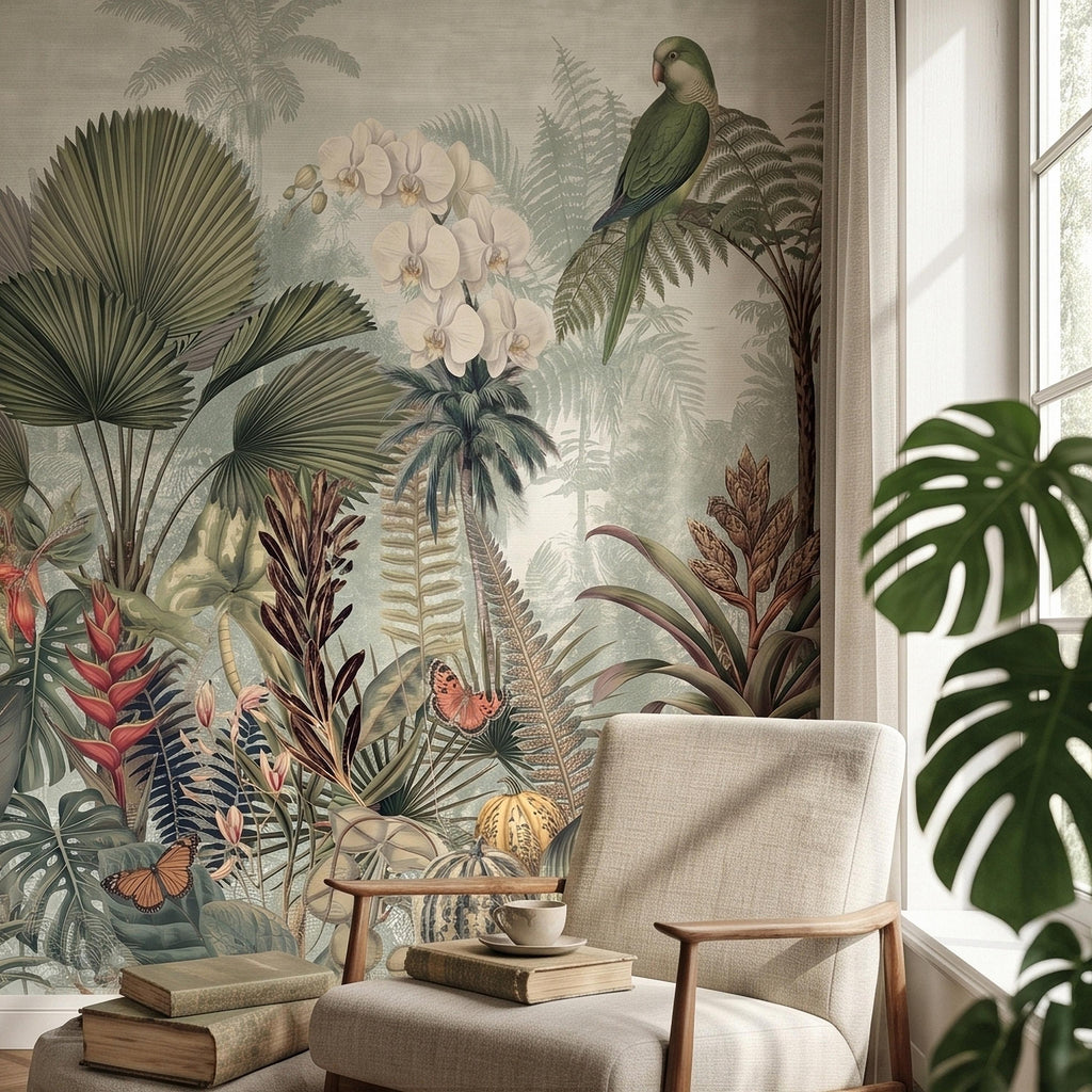 Tropical Botanical Parrot and Orchid Peel and Stick Wall Mural, Vintage Jungle Palm Leaves and Butterflies, Exotic Garden Wallpaper