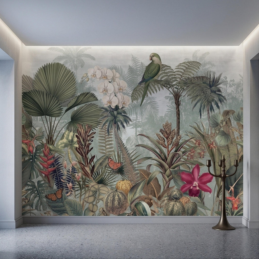 Tropical Botanical Parrot and Orchid Peel and Stick Wall Mural, Vintage Jungle Palm Leaves and Butterflies, Exotic Garden Wallpaper