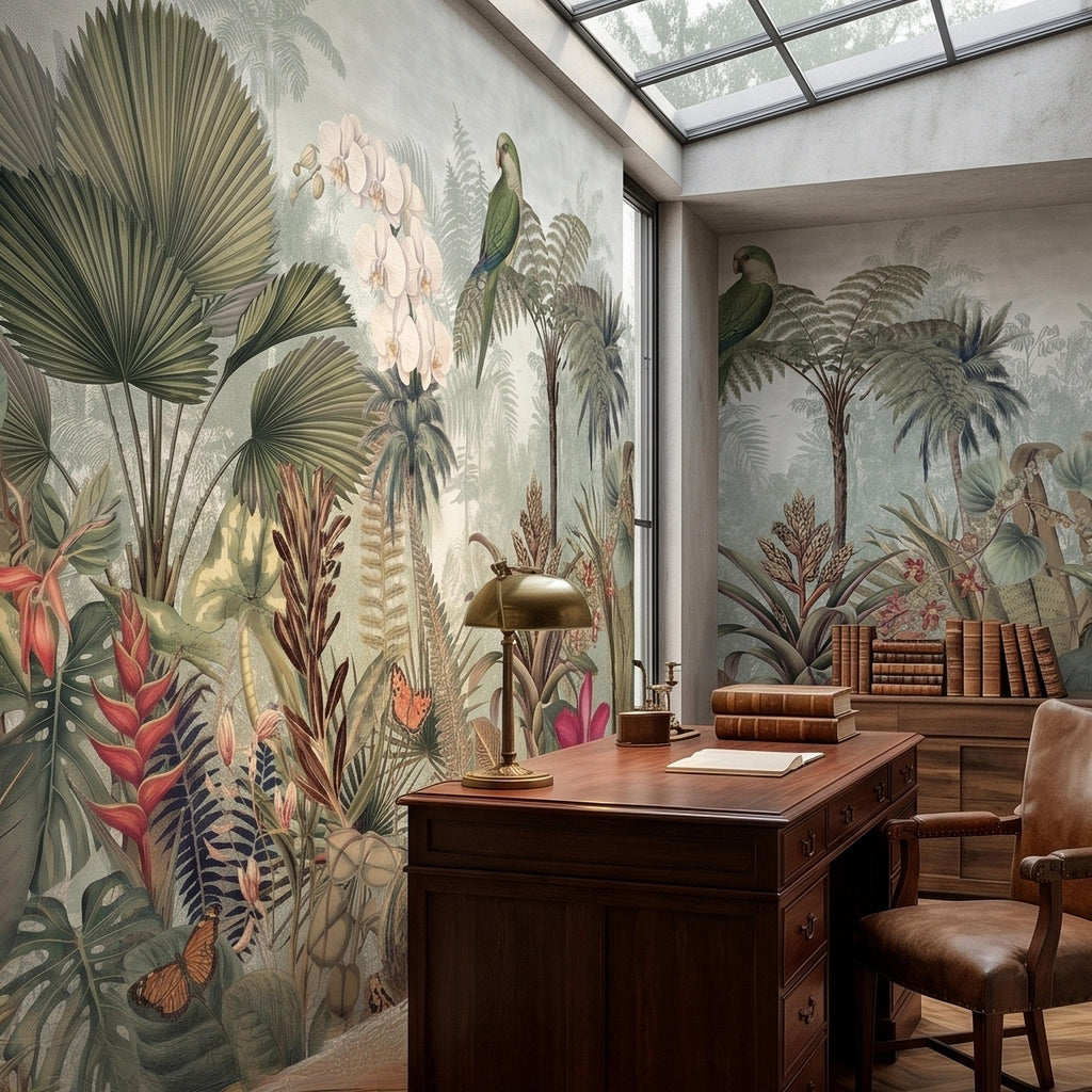 Tropical Botanical Parrot and Orchid Peel and Stick Wall Mural, Vintage Jungle Palm Leaves and Butterflies, Exotic Garden Wallpaper