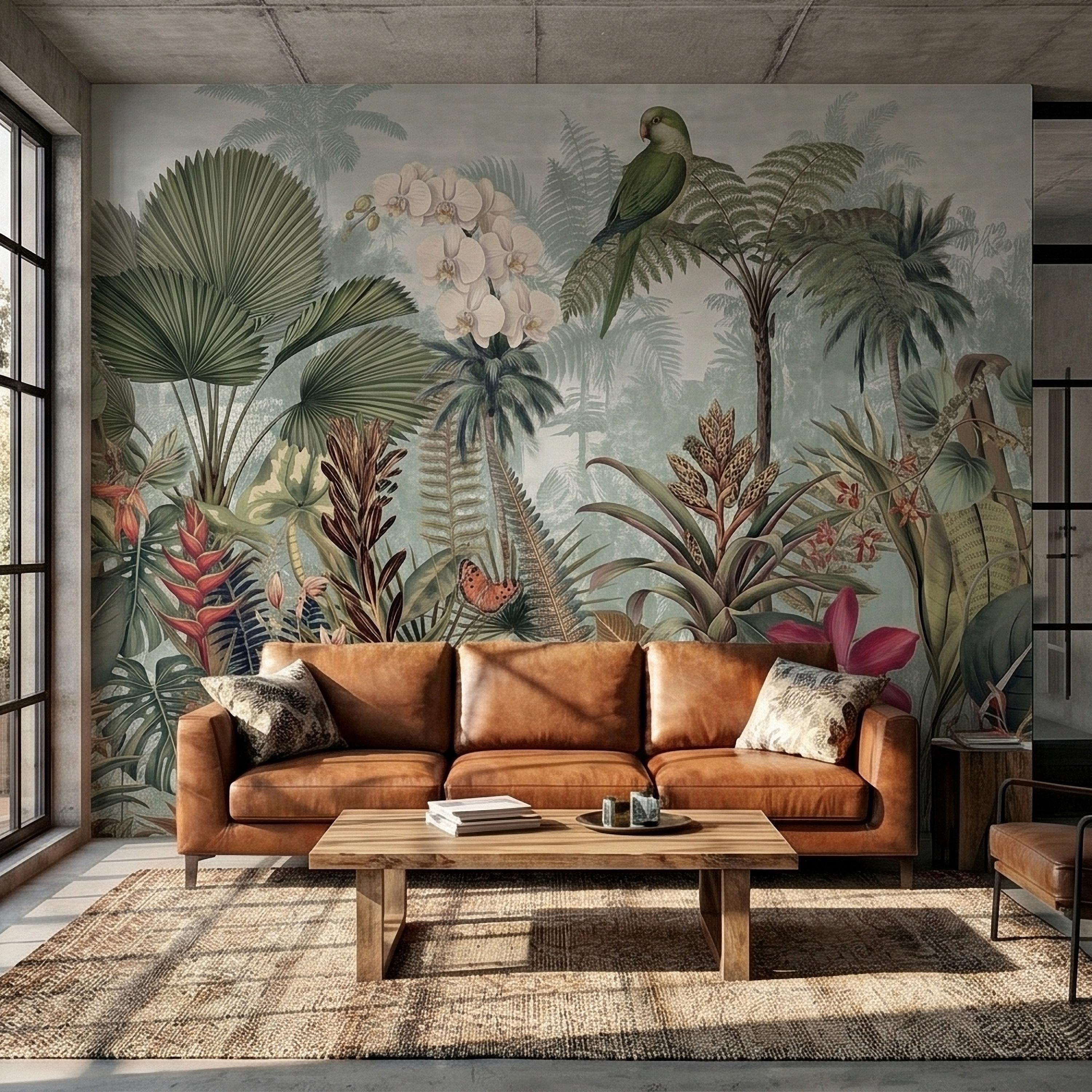 Tropical Botanical Parrot and Orchid Peel and Stick Wall Mural, Vintage Jungle Palm Leaves and Butterflies, Exotic Garden Wallpaper