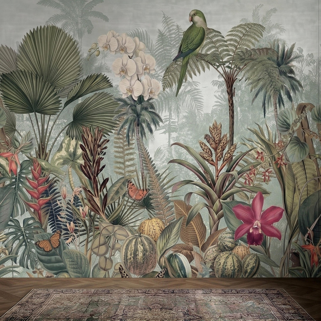 Tropical Botanical Parrot and Orchid Peel and Stick Wall Mural, Vintage Jungle Palm Leaves and Butterflies, Exotic Garden Wallpaper