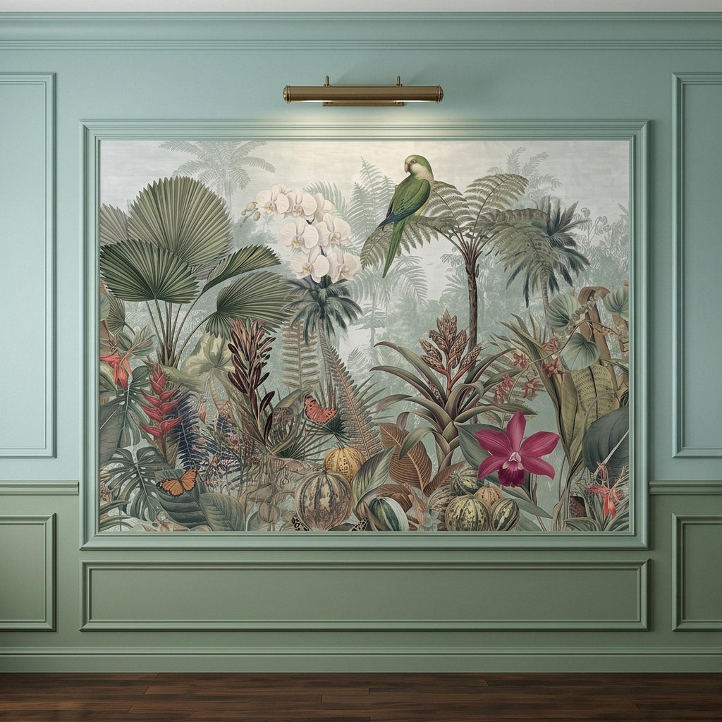 Tropical Botanical Parrot and Orchid Peel and Stick Wall Mural, Vintage Jungle Palm Leaves and Butterflies, Exotic Garden Wallpaper