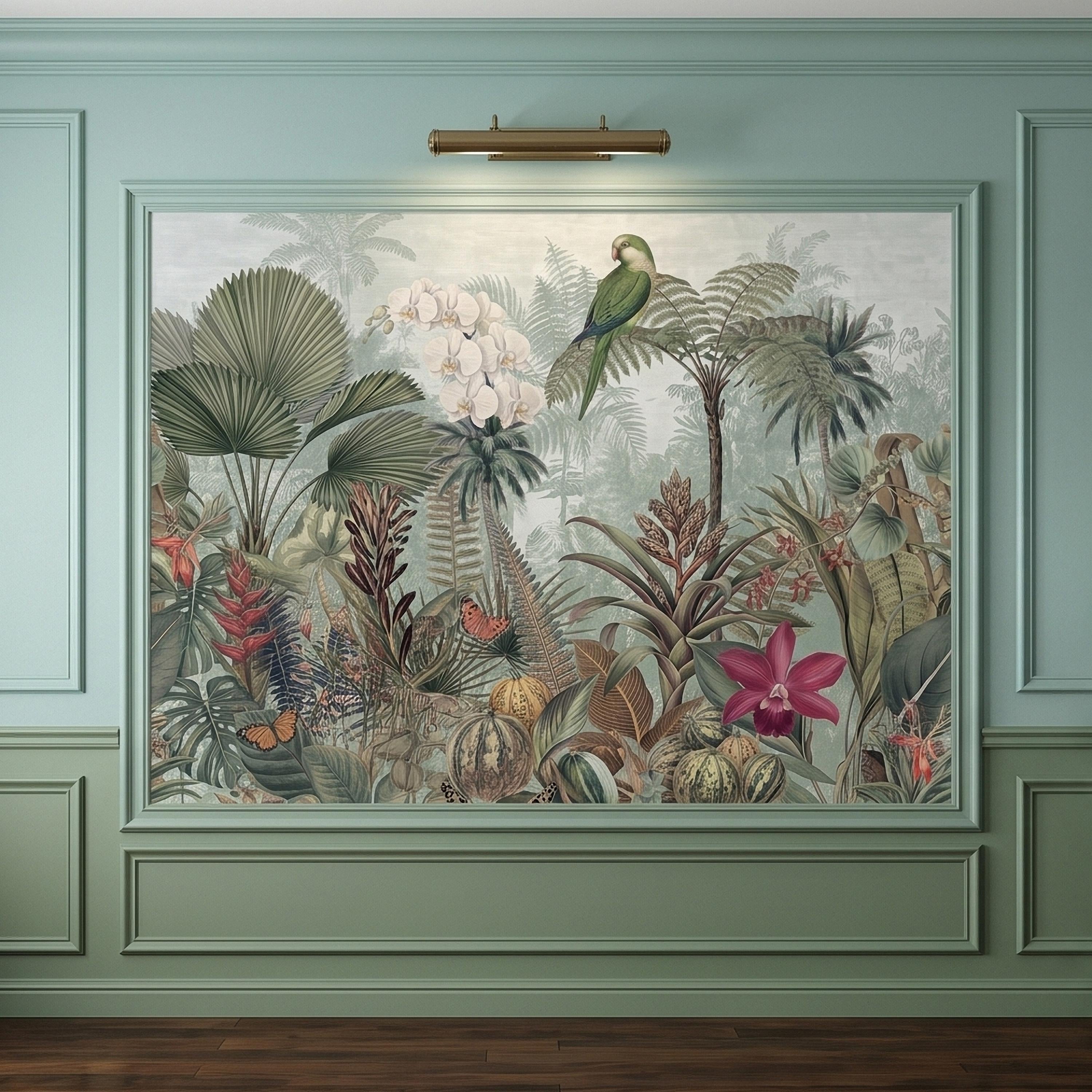 Tropical Botanical Parrot and Orchid Peel and Stick Wall Mural, Vintage Jungle Palm Leaves and Butterflies, Exotic Garden Wallpaper