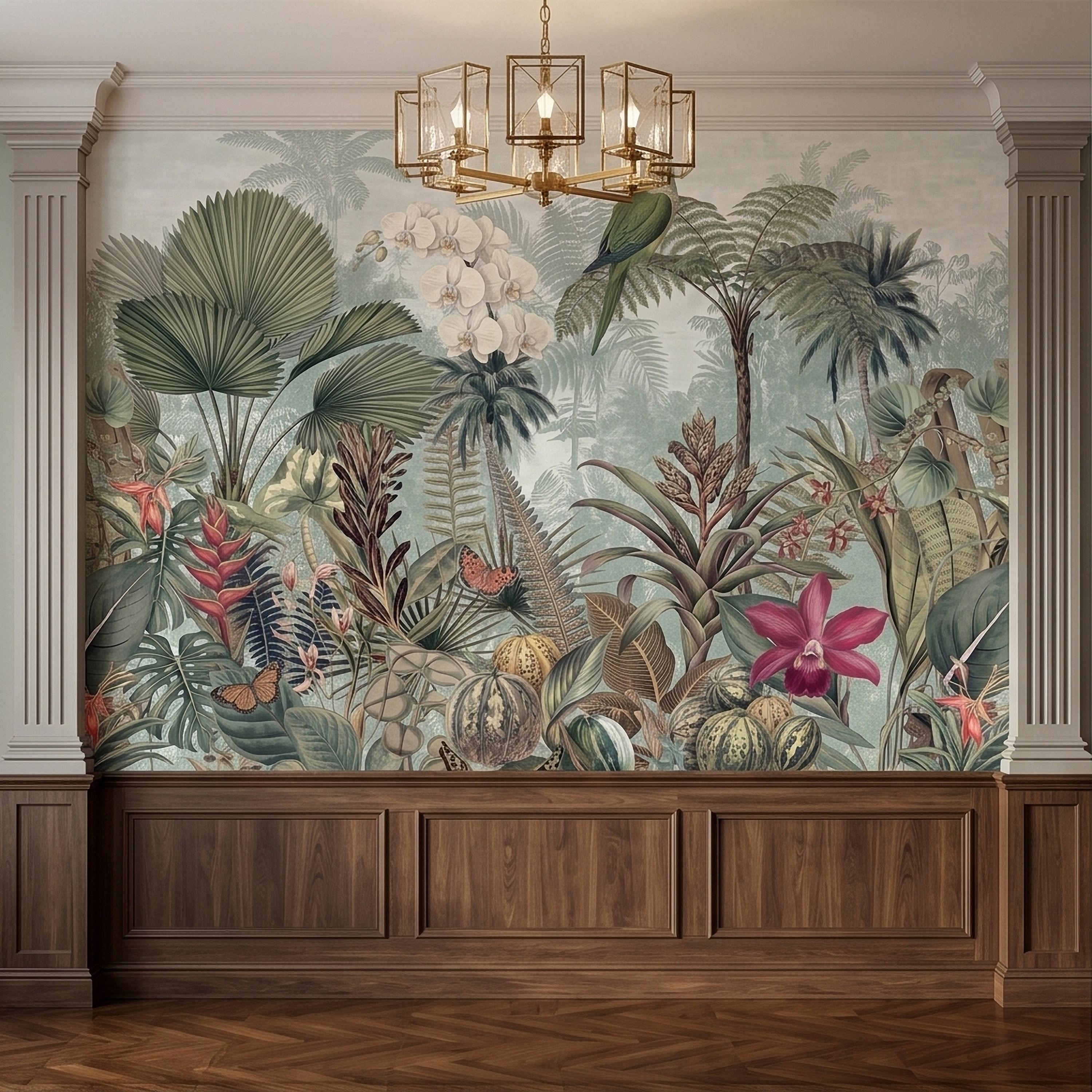 Tropical Botanical Parrot and Orchid Peel and Stick Wall Mural, Vintage Jungle Palm Leaves and Butterflies, Exotic Garden Wallpaper
