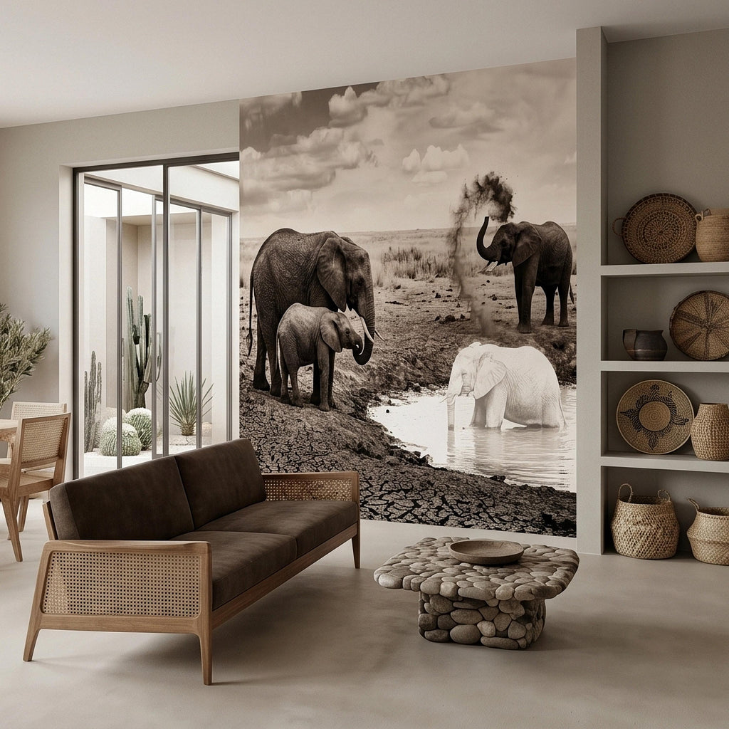Elephant Family Safari Peel and Stick Wall Mural, Sepia African Wildlife at Waterhole, Dramatic Dusty Storm Scene, Vintage Nature Wallpaper