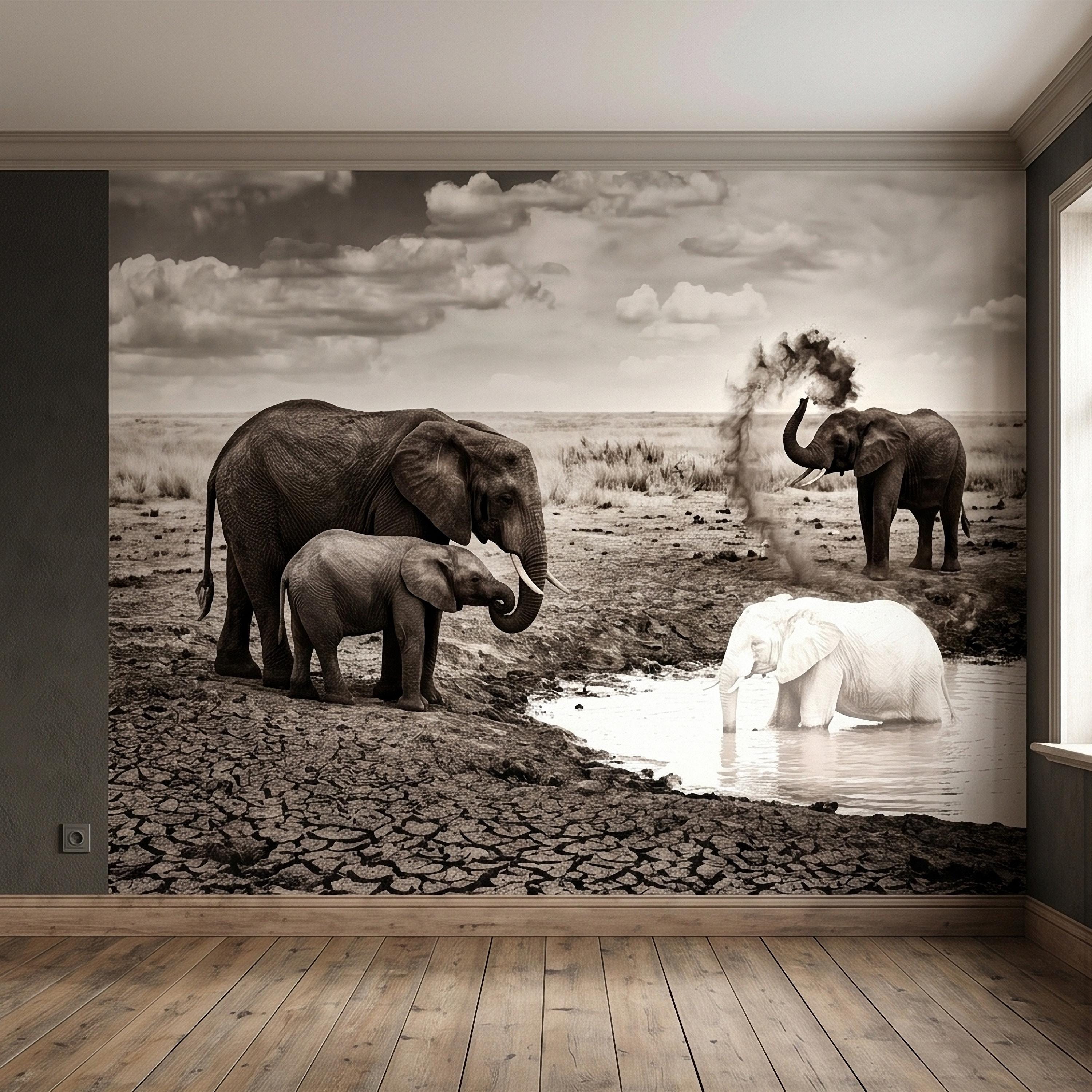 Elephant Family Safari Peel and Stick Wall Mural, Sepia African Wildlife at Waterhole, Dramatic Dusty Storm Scene, Vintage Nature Wallpaper