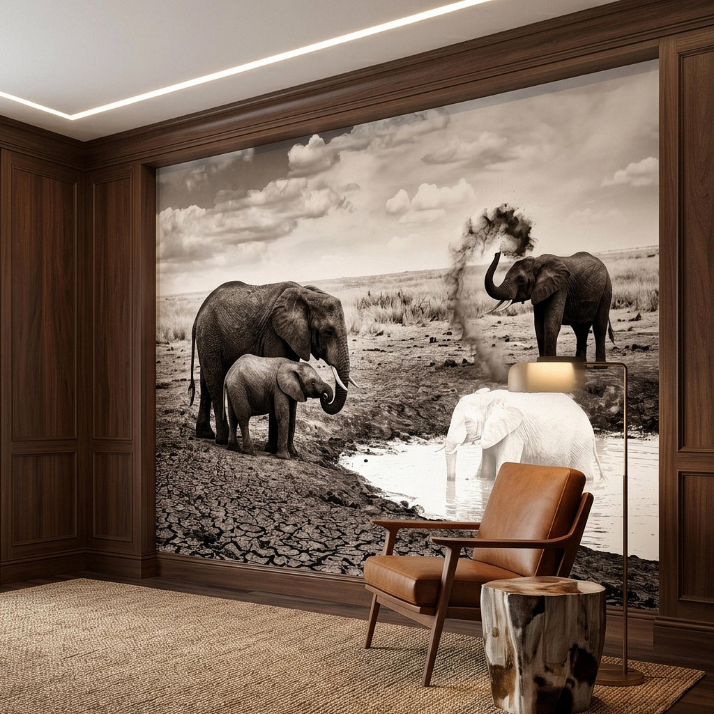 Elephant Family Safari Peel and Stick Wall Mural, Sepia African Wildlife at Waterhole, Dramatic Dusty Storm Scene, Vintage Nature Wallpaper